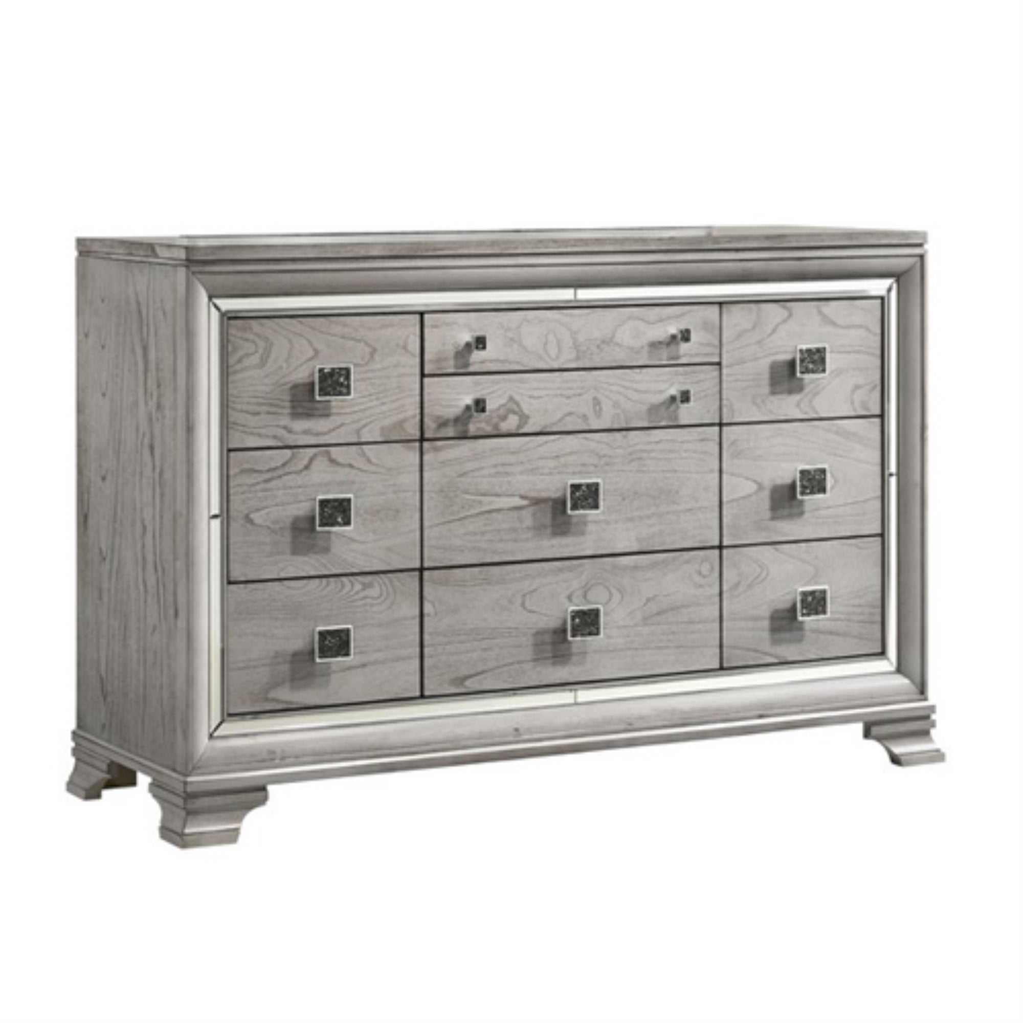 Beaded Wooden Frame Dresser with 10 Drawers, Gray and Silver