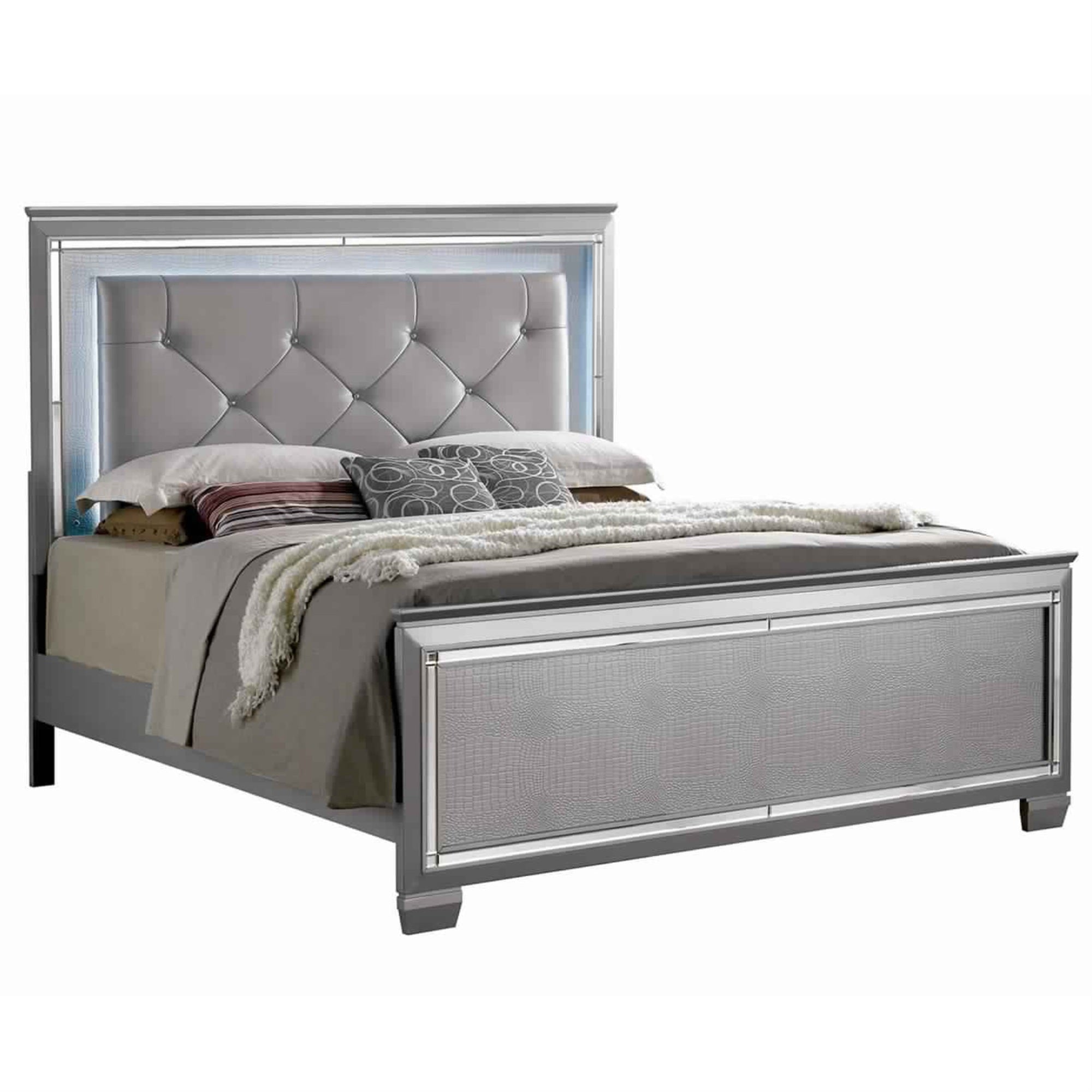 Textured Queen King Size Bed with Silver Trim Accents, Beige