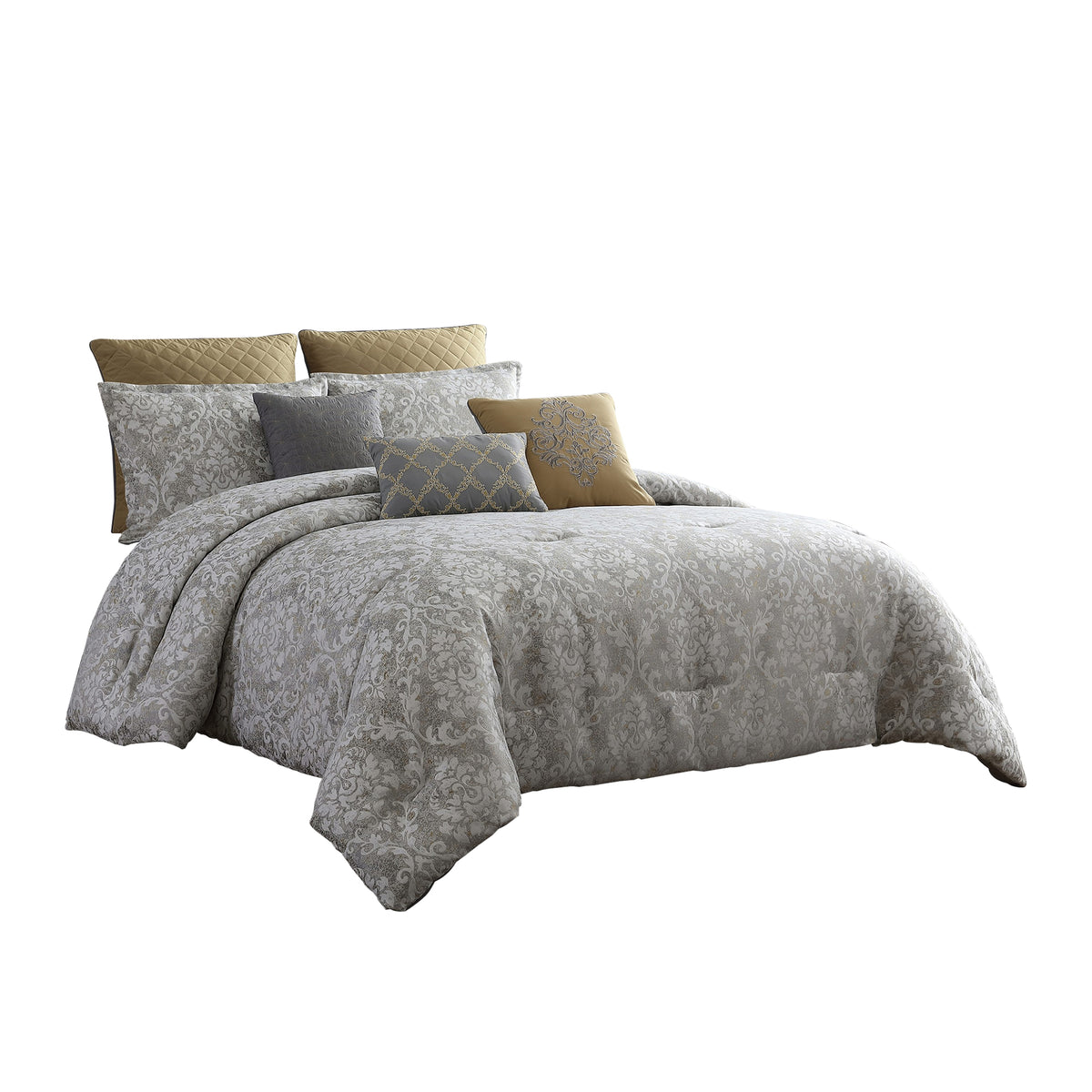 9 Piece King Polyester Comforter Set With Medallion Print, Gray And Gold