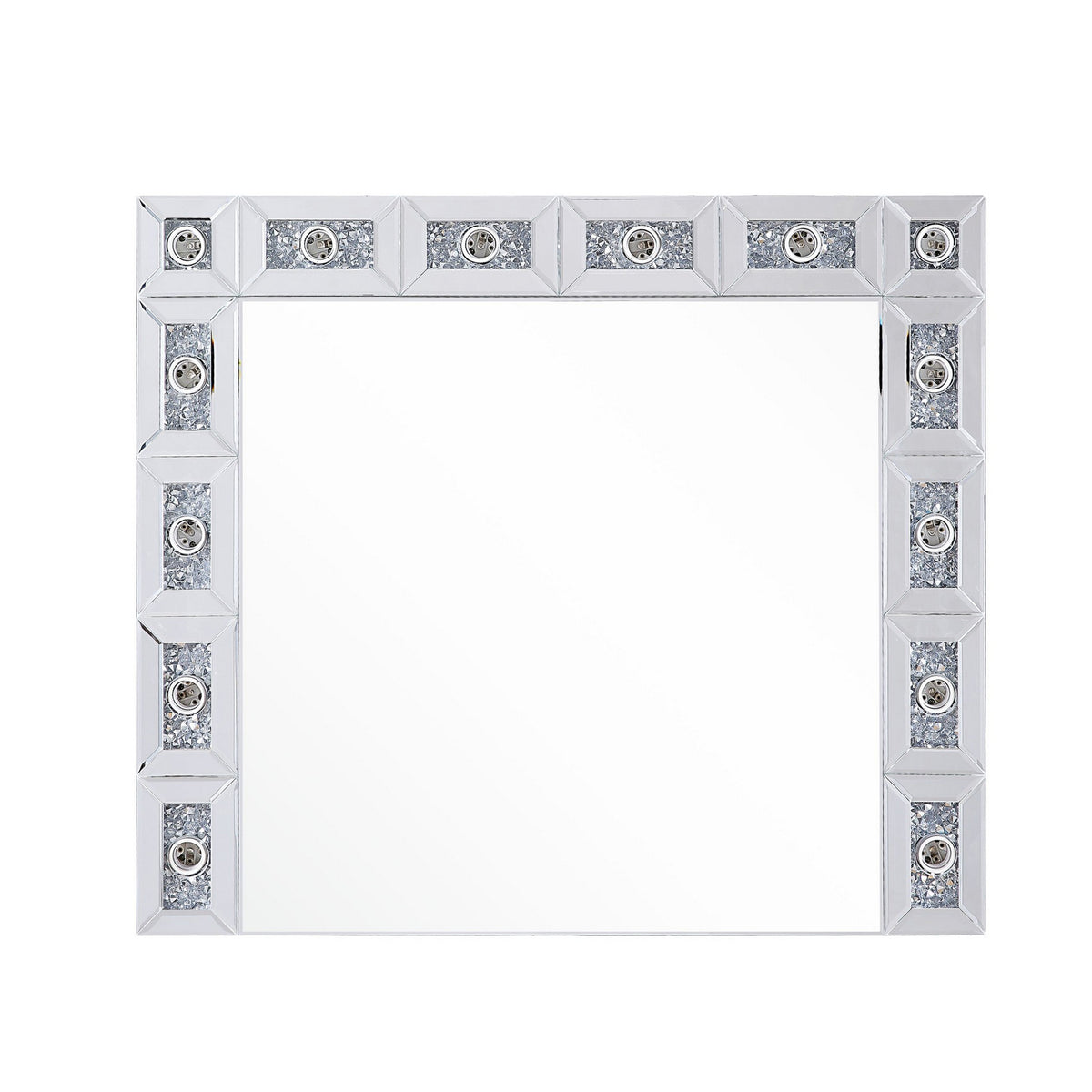 Mirror Panel Frame Wall Decor With Light Function And Faux Diamond, Silver