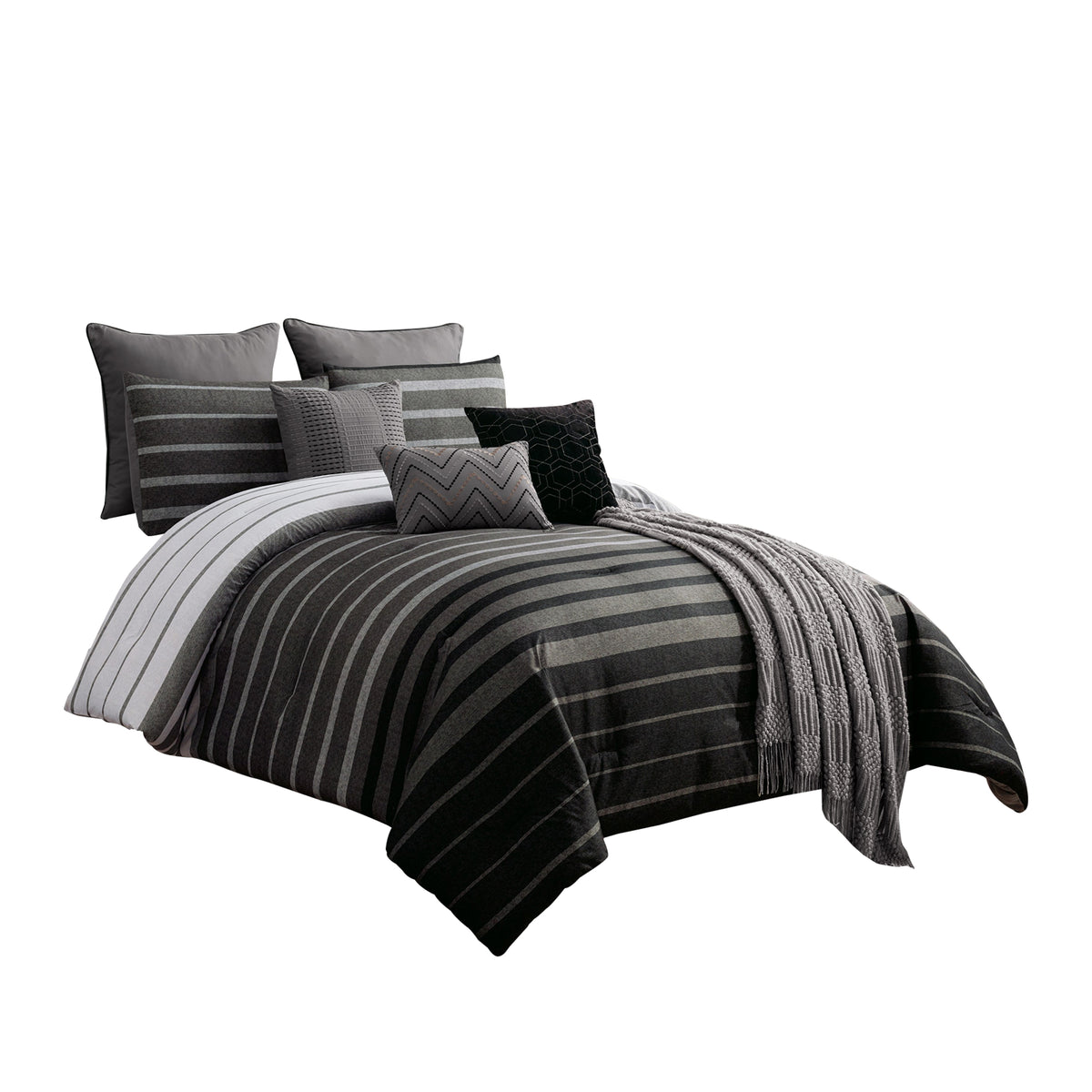 10 Piece Queen Polyester Comforter Set With Striped Details, Black And Gray