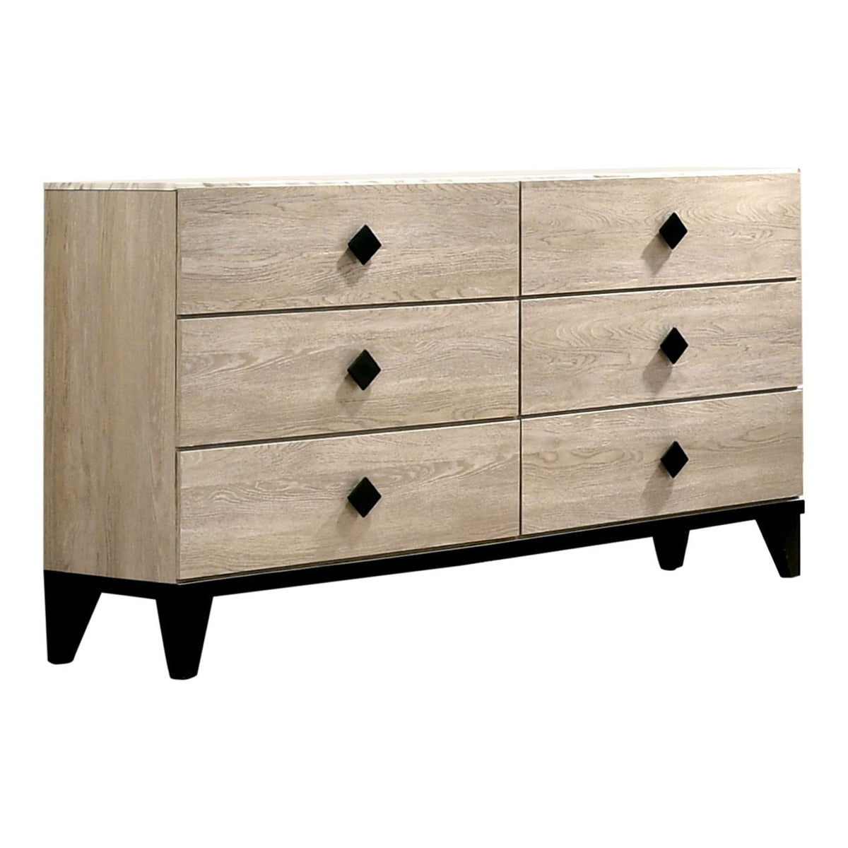 6 Drawer Wooden Dresser With Grains And Angled Legs, Cream