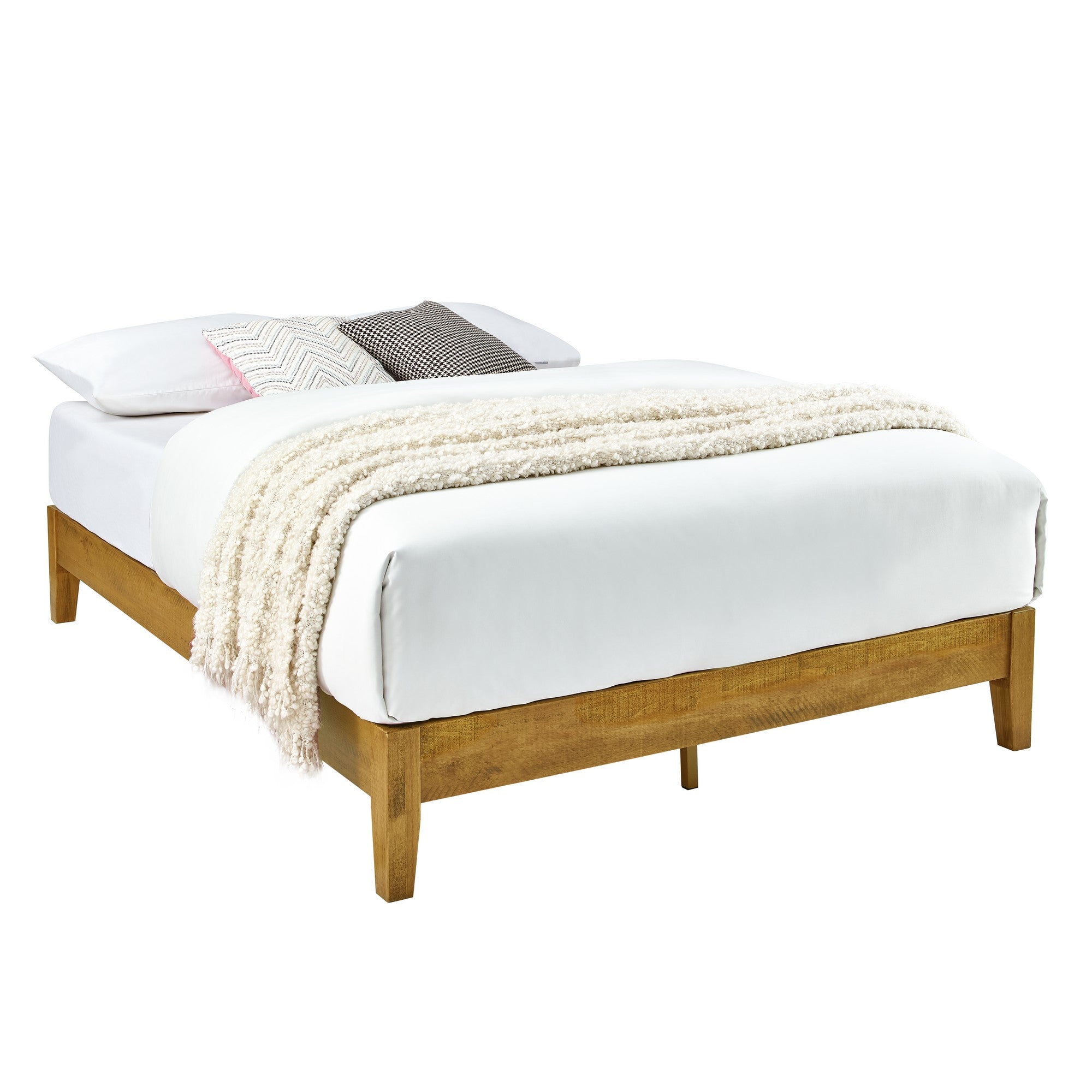 Platform Style Wooden Full Bed with Chamfered Feet, Brown
