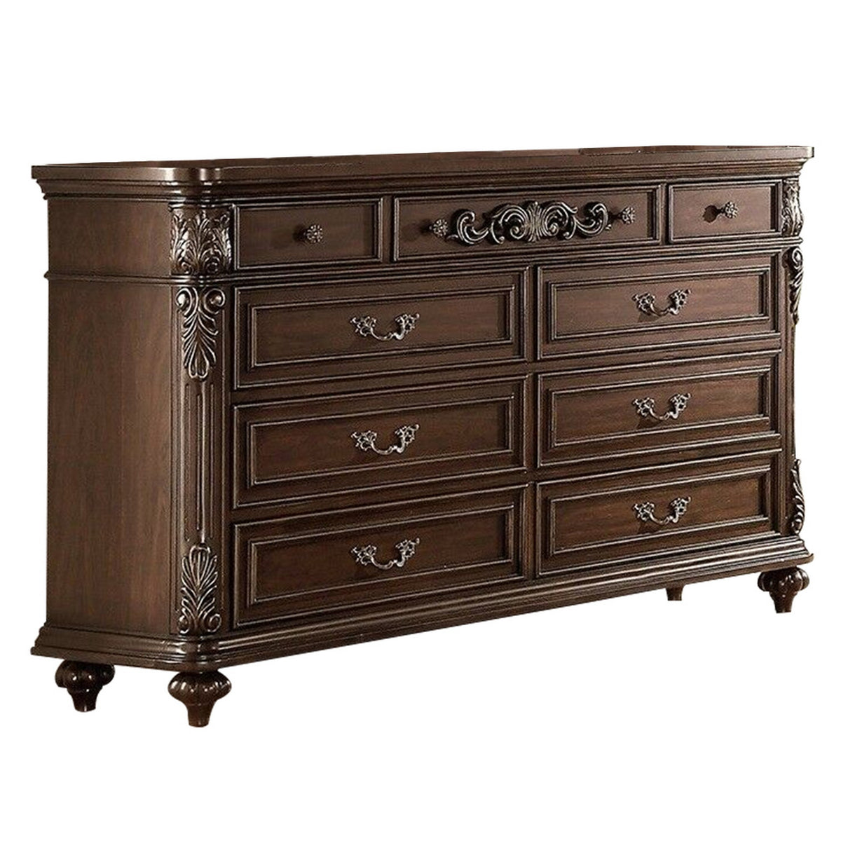 Nine Drawers Wooden Dresser With Molded Details, Brown