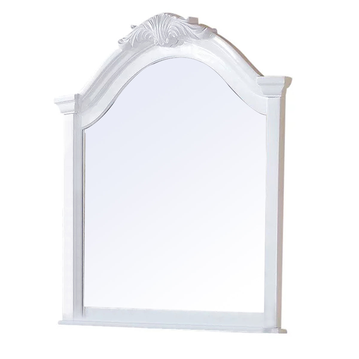 Transitional Style Wooden Wall Mirror With Crown Top, White