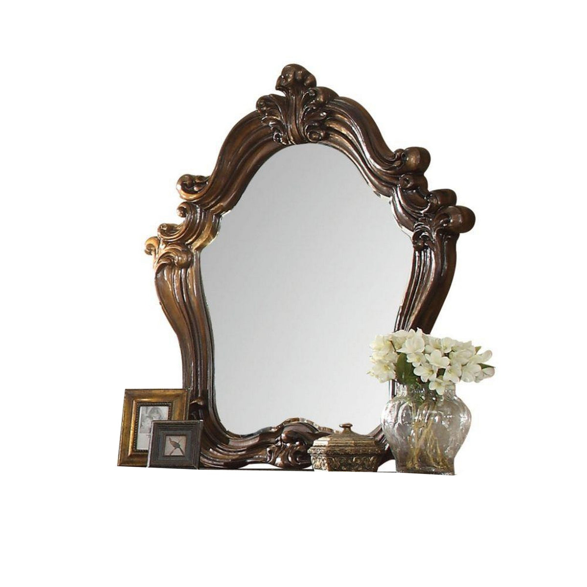 Scroll And Molded Wooden Mirror With Carved Details, Cherry Brown