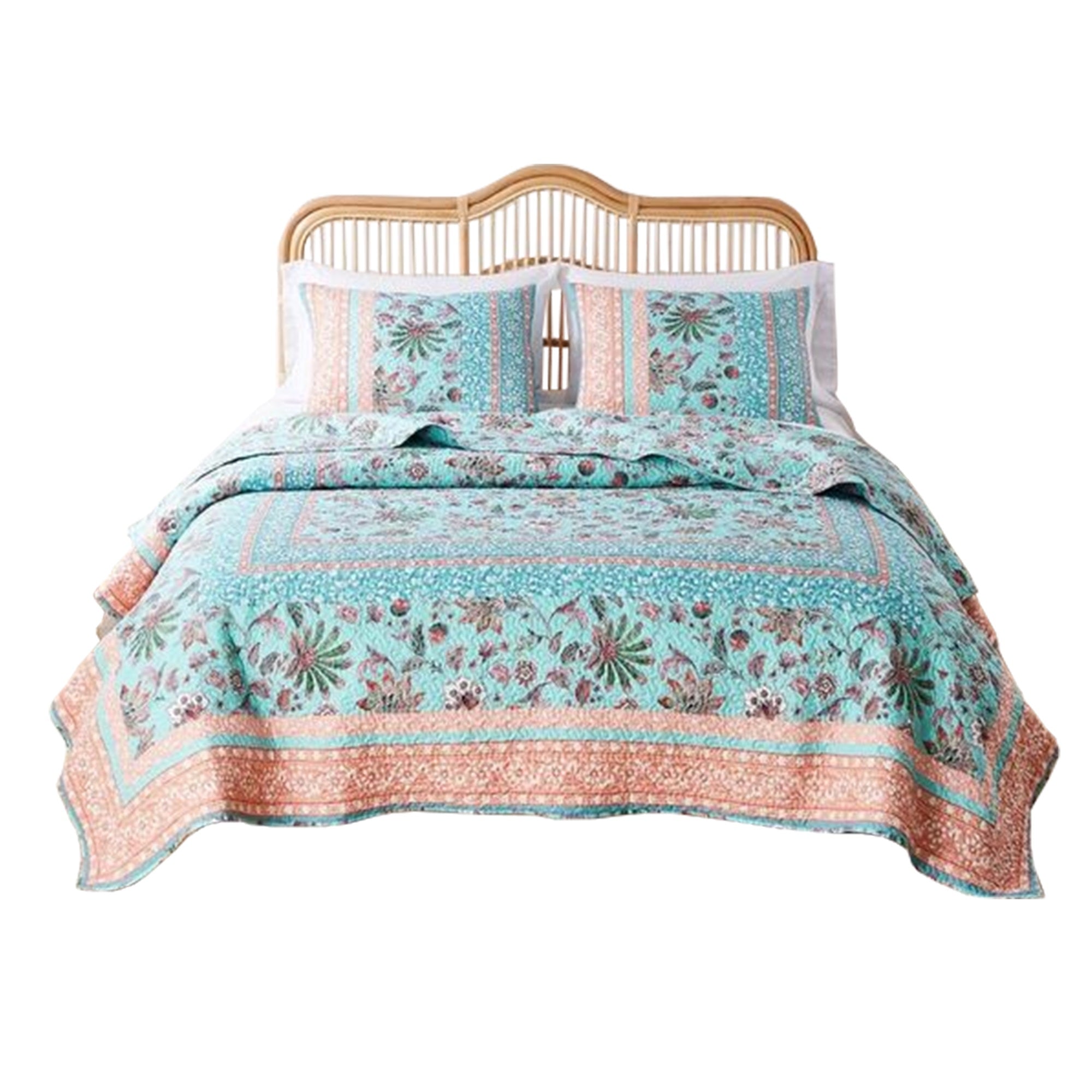 3 Piece Full Queen Quilt Set with Floral Print, Blue and White