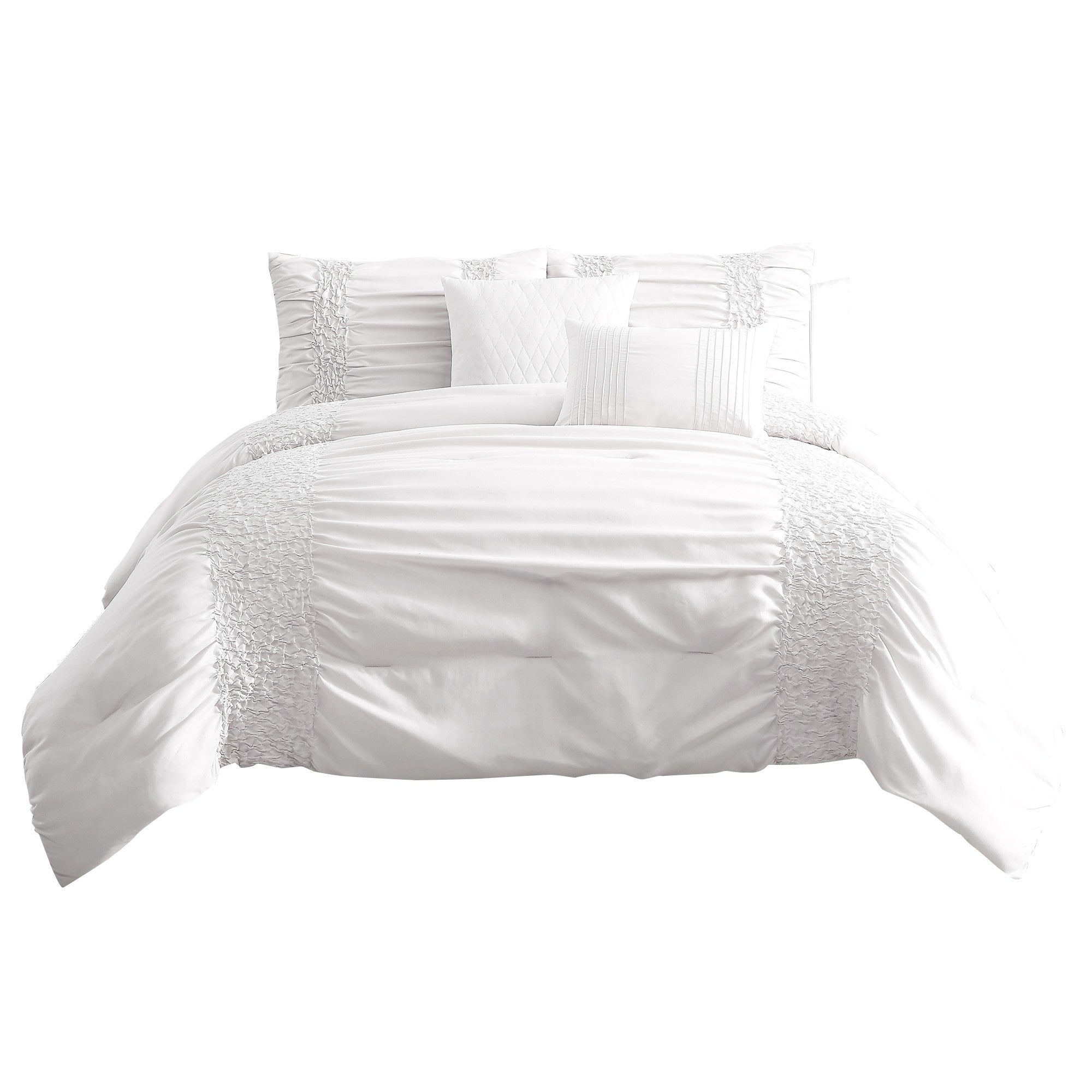 4 Piece Twin Comforter Set with Ruching Details, White