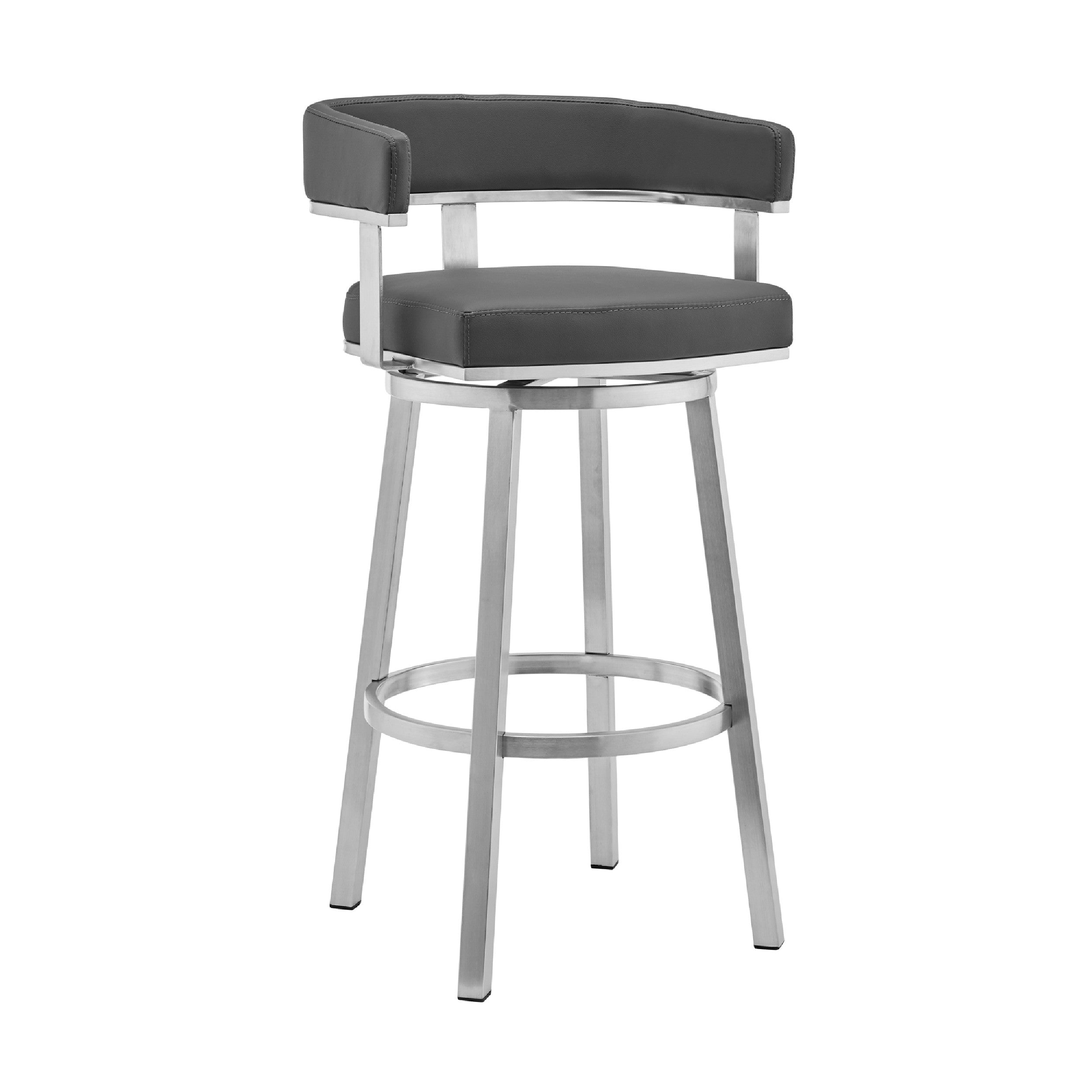 Swivel Barstool with Curved Open Back and Metal Frame, Gray and Silver