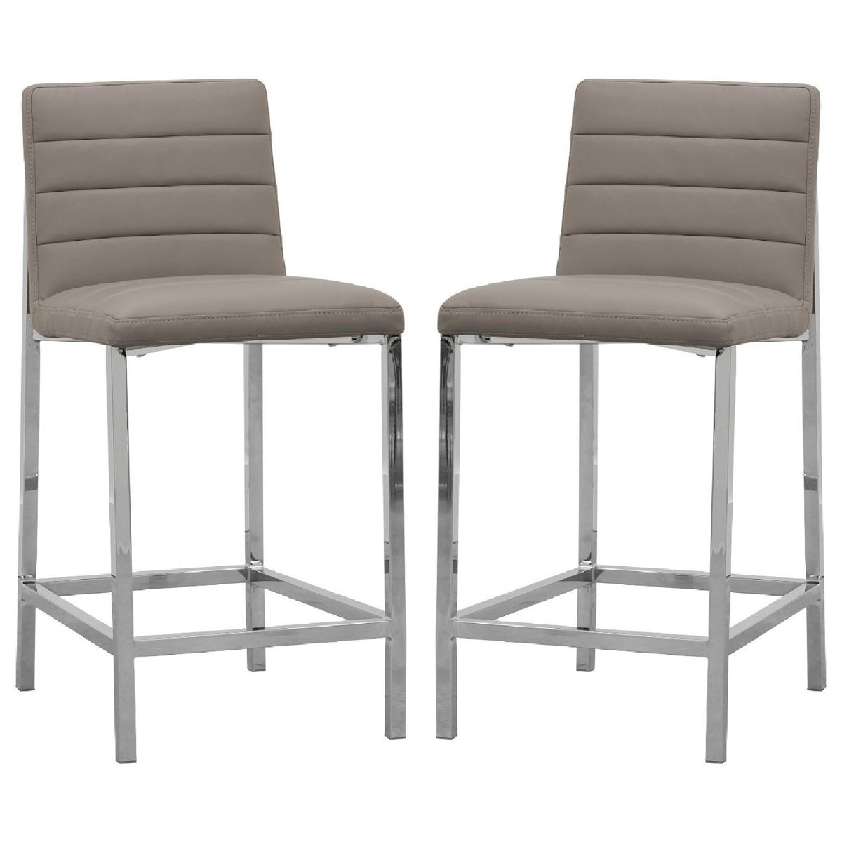 Eun 26 Inch Vegan Faux Leather Counter Stool, Chrome Legs, Set of 2, Gray