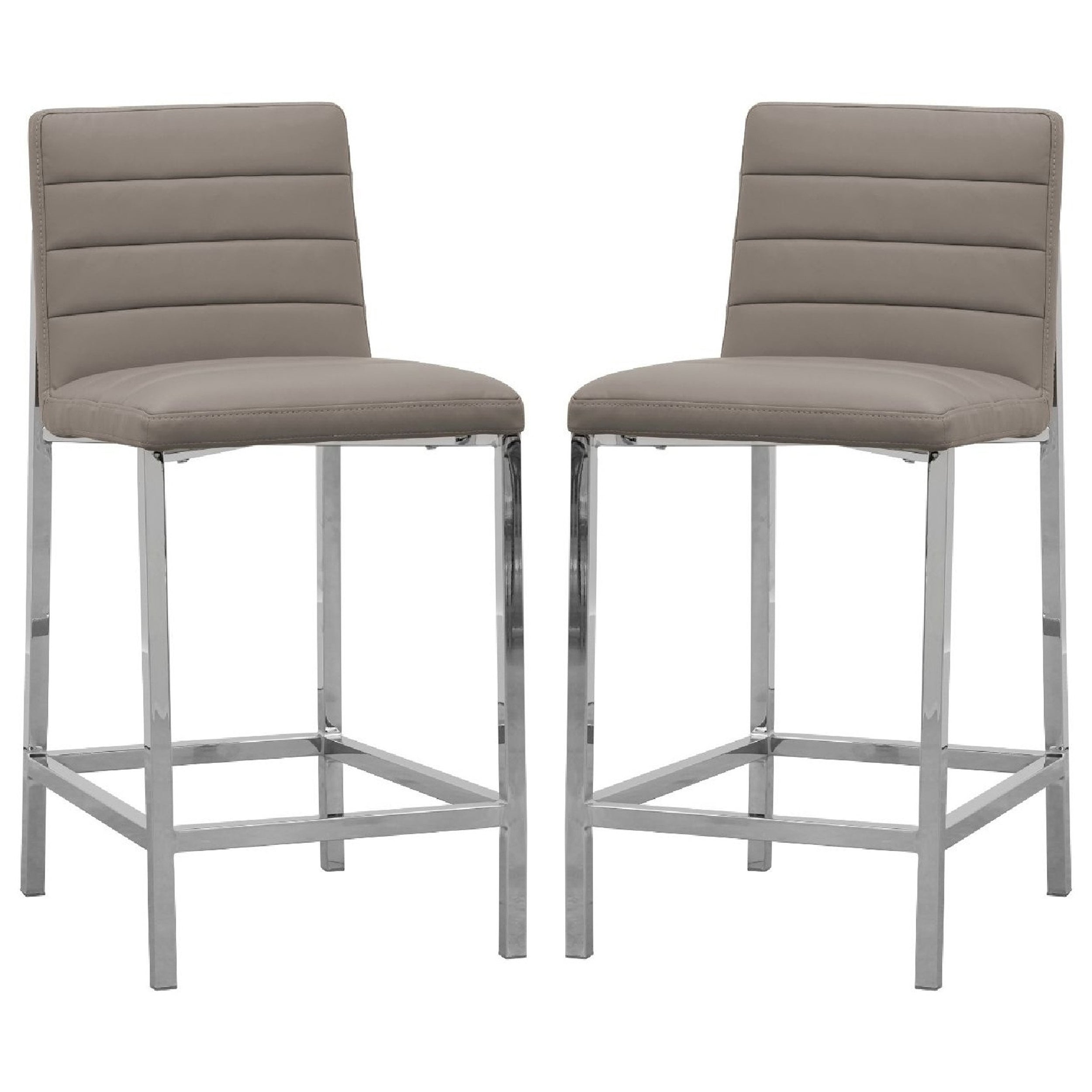 Eun 26 Inch Vegan Faux Leather Counter Stool, Chrome Legs, Set of 2, Gray