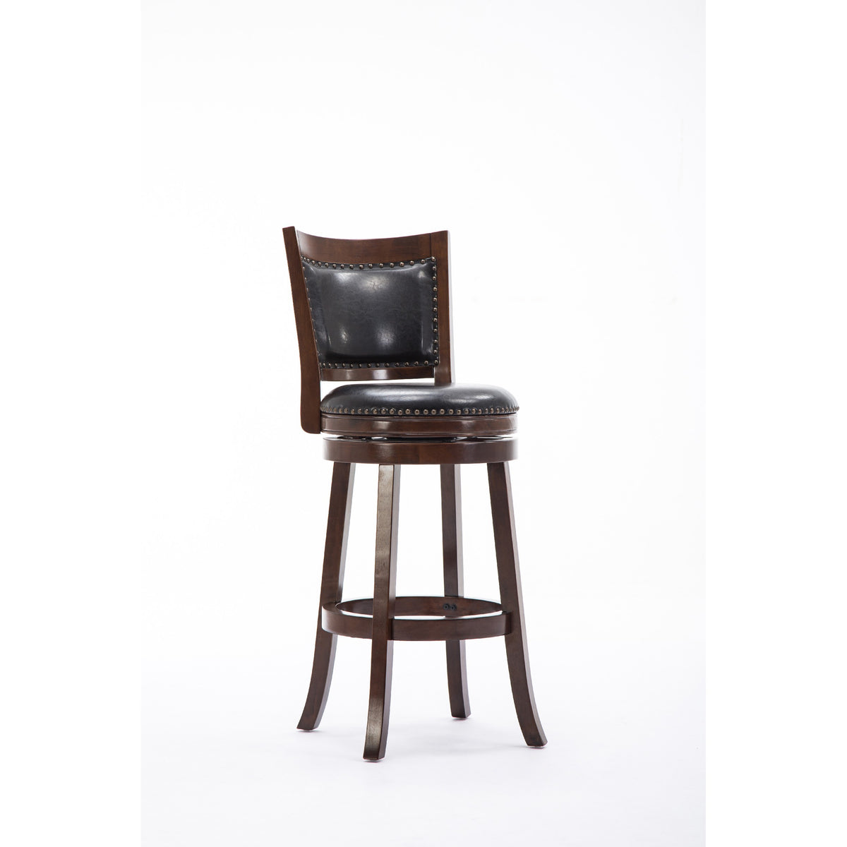 Sabi 24 inch Swivel Counter Stool, Solid Wood, Faux Leather, Brown, Black