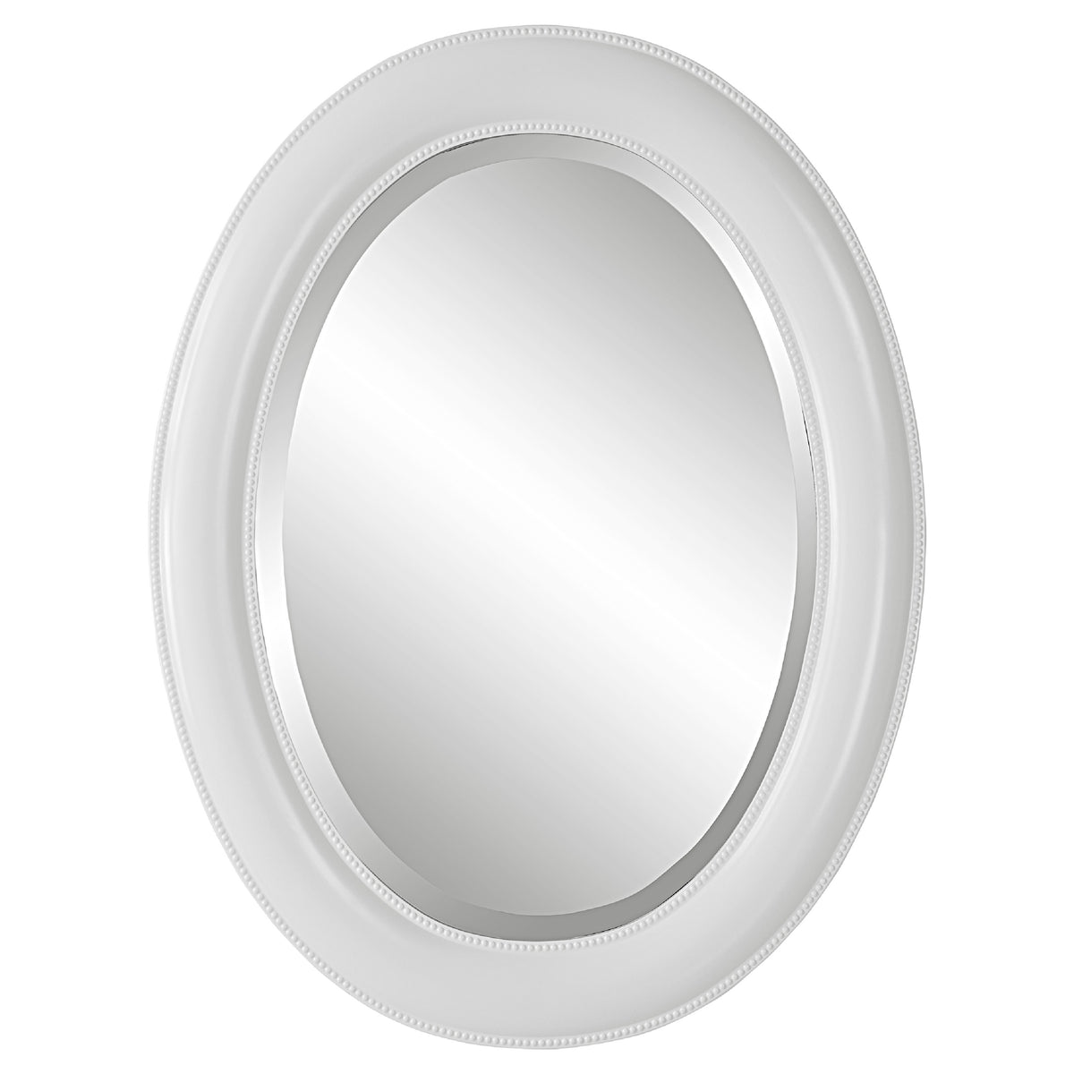 29 Inch Wood Wall Mirror, Beaded Oval Shape, White