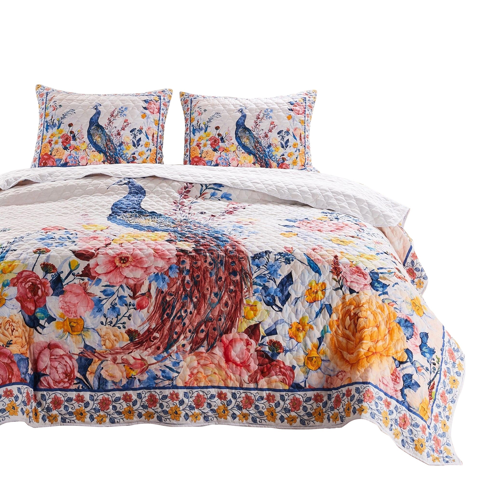 Tess Microfiber 2 Piece Twin Quilt Set, Peacock, Floral Print, Multicolor