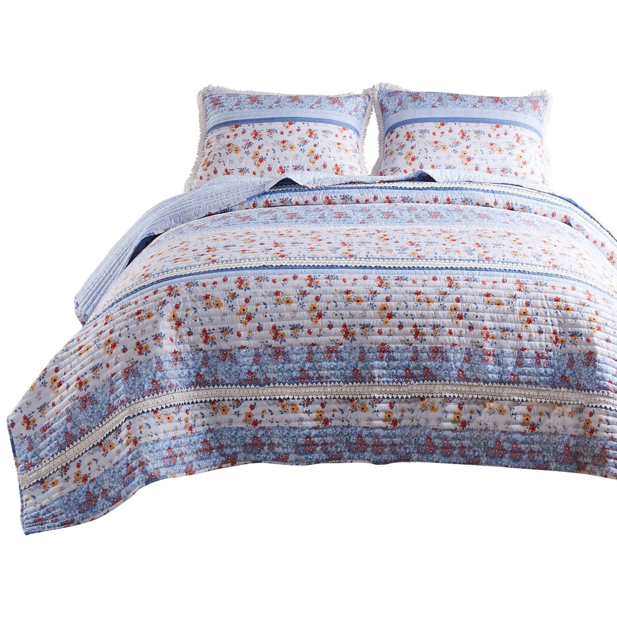 Joa 3 Piece Microfiber Queen Quilt Set, Floral Print, Lace Trim, Multicolor