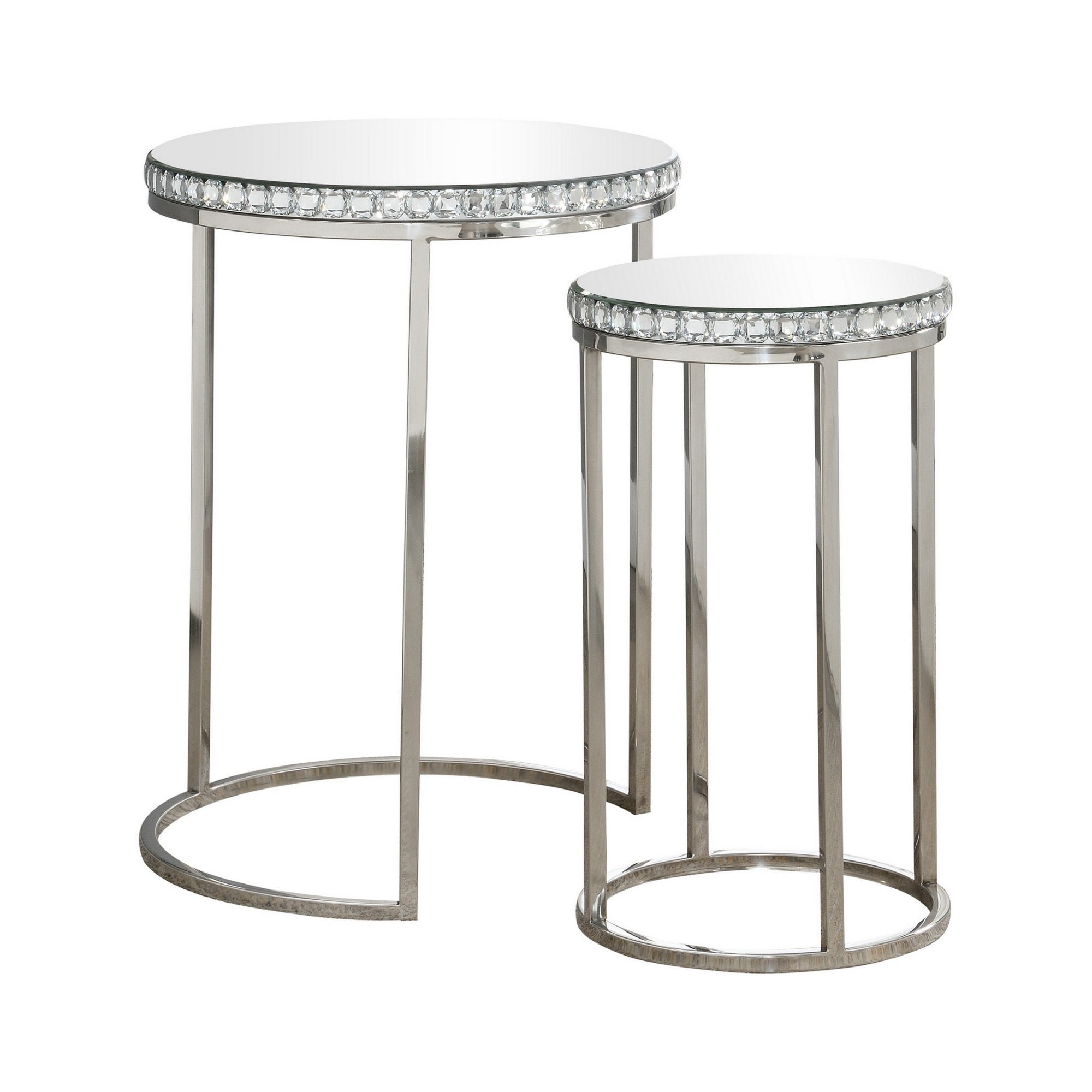 24 Inch Nesting Accent Tables, Mirrored Gemstone Trim, Set of 2, Silver