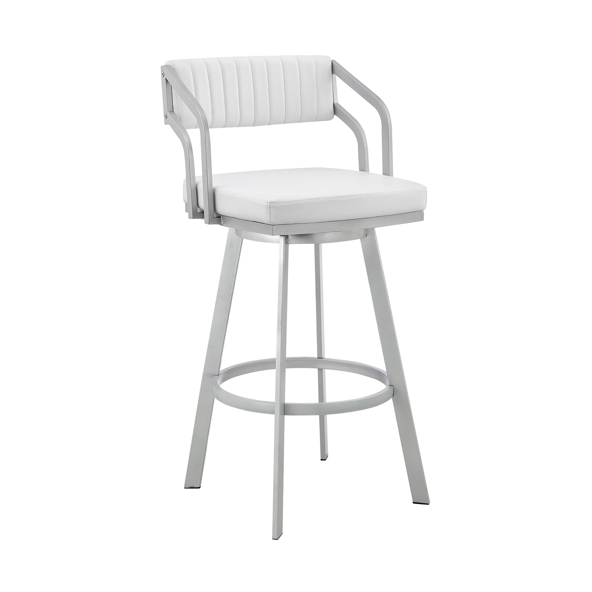 Lyla 26 Inch Counter Height Stool, Swivel, Faux Leather, White, Silver