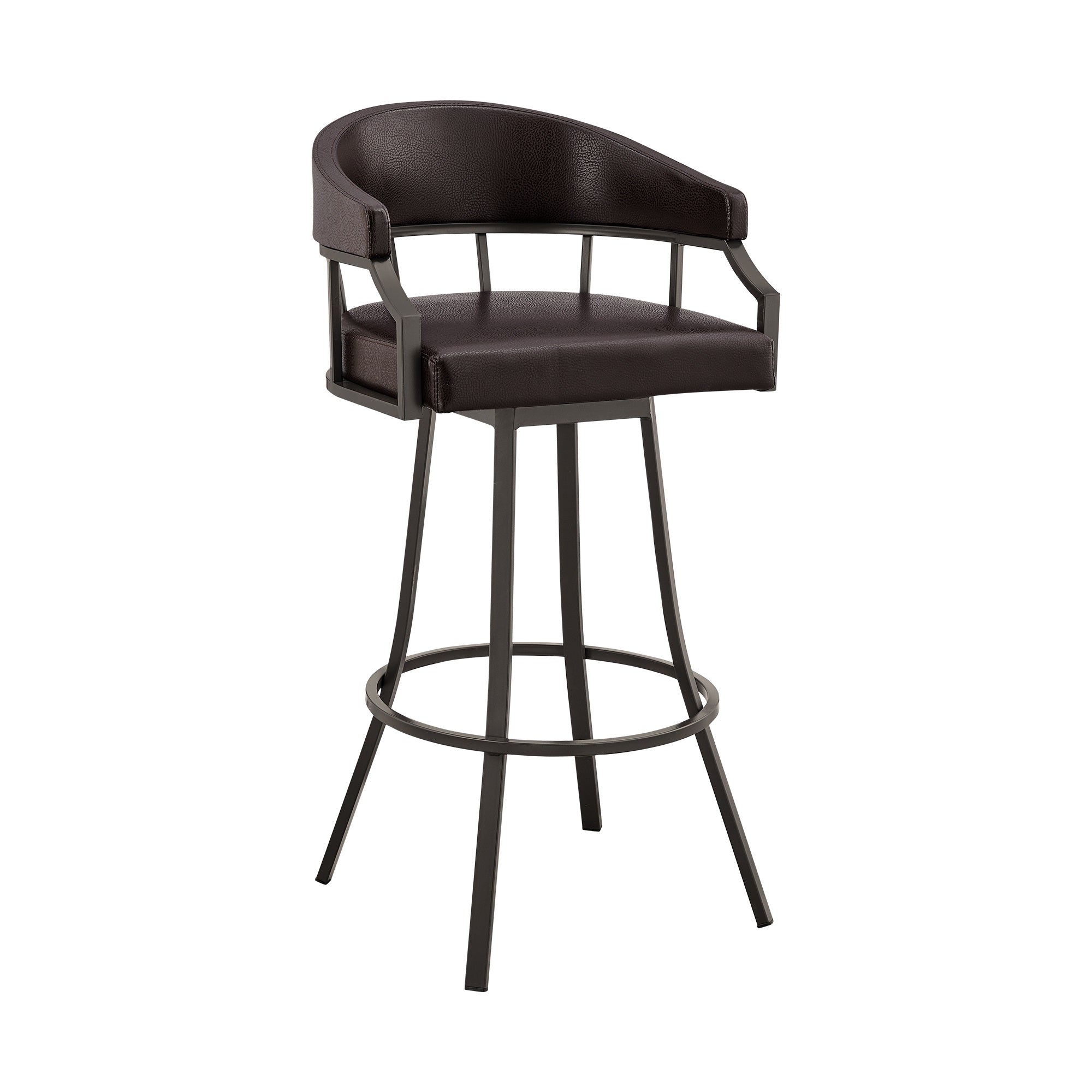 Mayla 30 Inch Swivel Bar Stool, Metal Flared Legs, Brown Faux Leather
