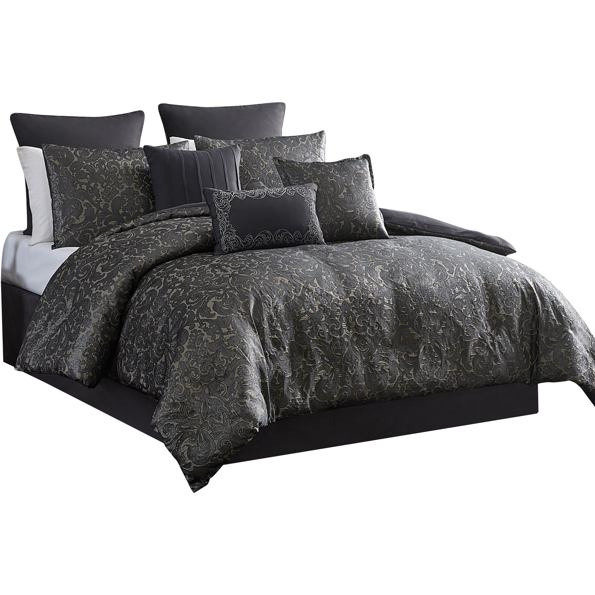 Pixie 10 Piece Polyester King Comforter Set, Damask Pattern, Charcoal Gray