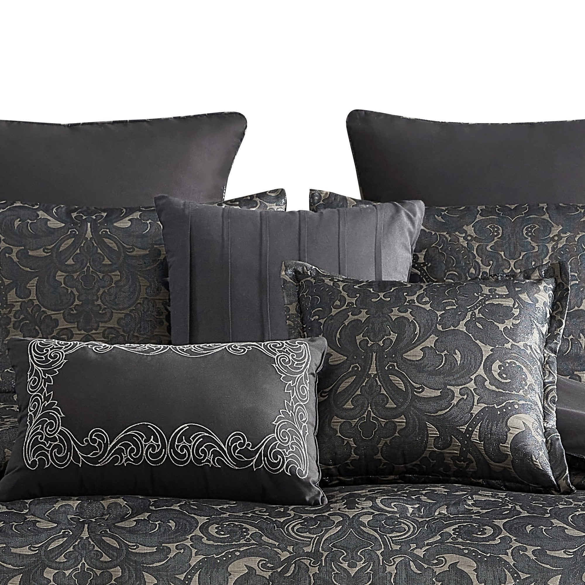 Pixie 10 Piece Polyester King Comforter Set, Damask Pattern, Charcoal Gray