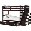 Classic Wood Twin Bunk Bed With Trundle, Storage Ladder, 5 Drawers,  Brown
