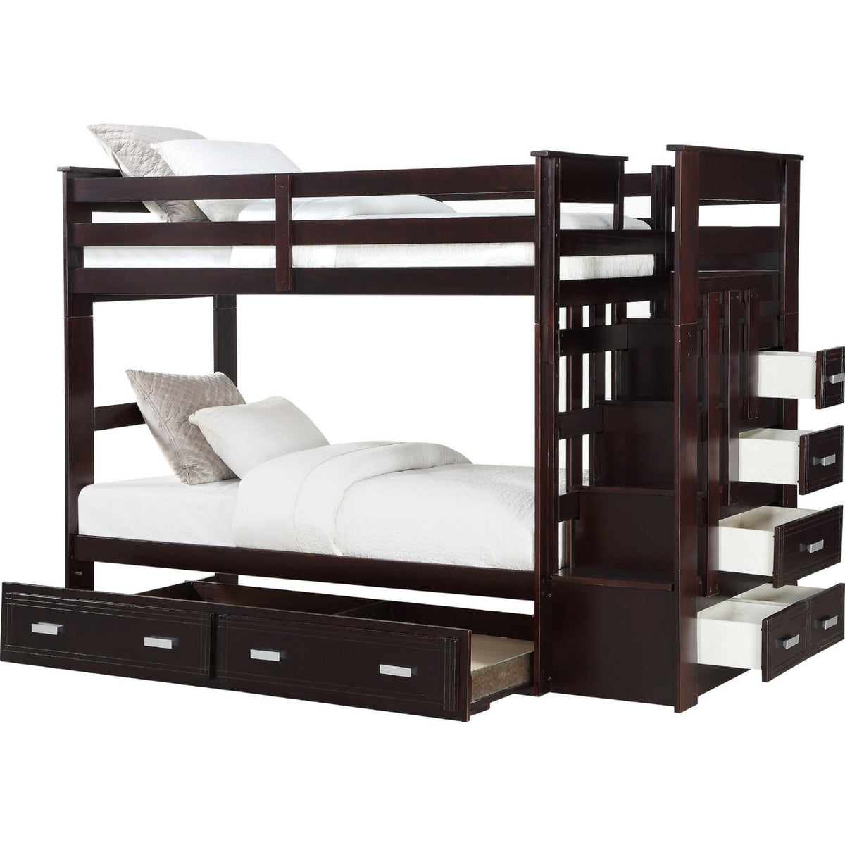Classic Wood Twin Bunk Bed With Trundle, Storage Ladder, 5 Drawers,  Brown