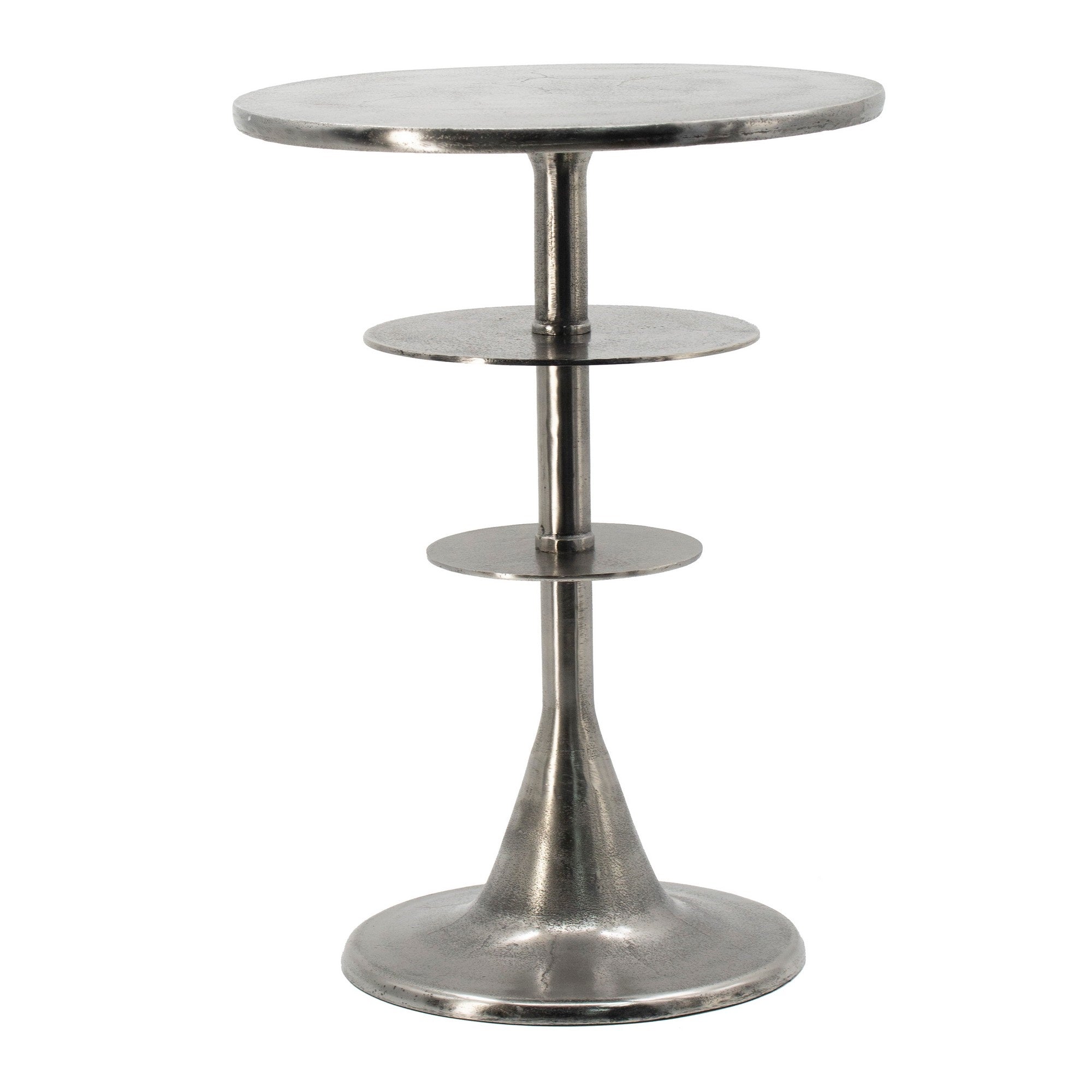Aja 22 Inch Aluminum Accent Table, Rounded Top, Teardrop Base, Silver