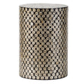 20 Inch Stool Table, Round Wood Design, Modern, Capiz Inlay, Black, White