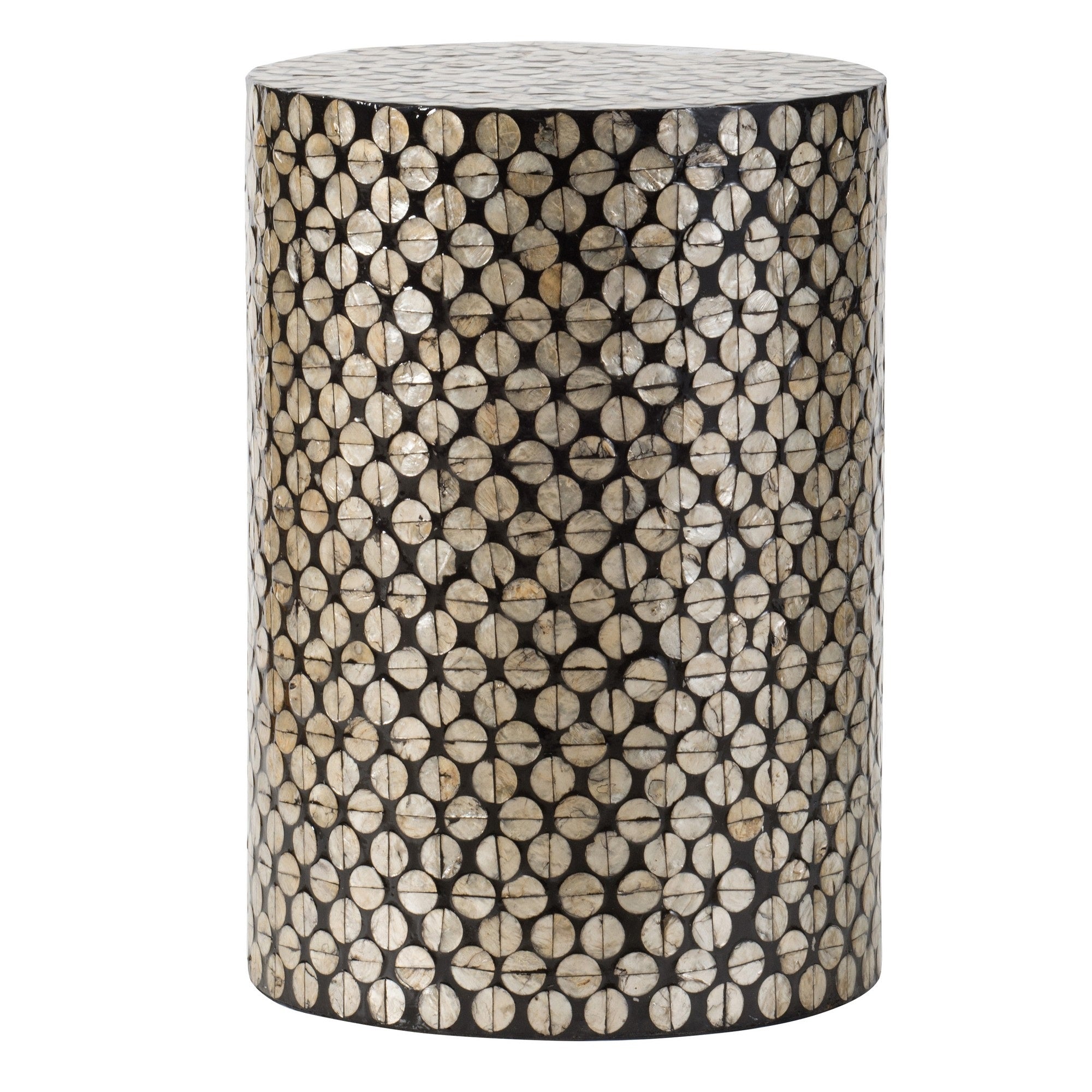 20 Inch Stool Table, Round Wood Design, Modern, Capiz Inlay, Black, White