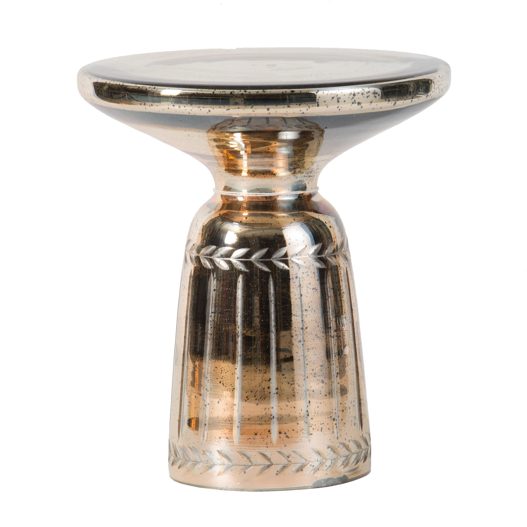 Liv 18 Inch Side Table, Laurel Accent Trimmed Edge, Round Glass Top, Gold