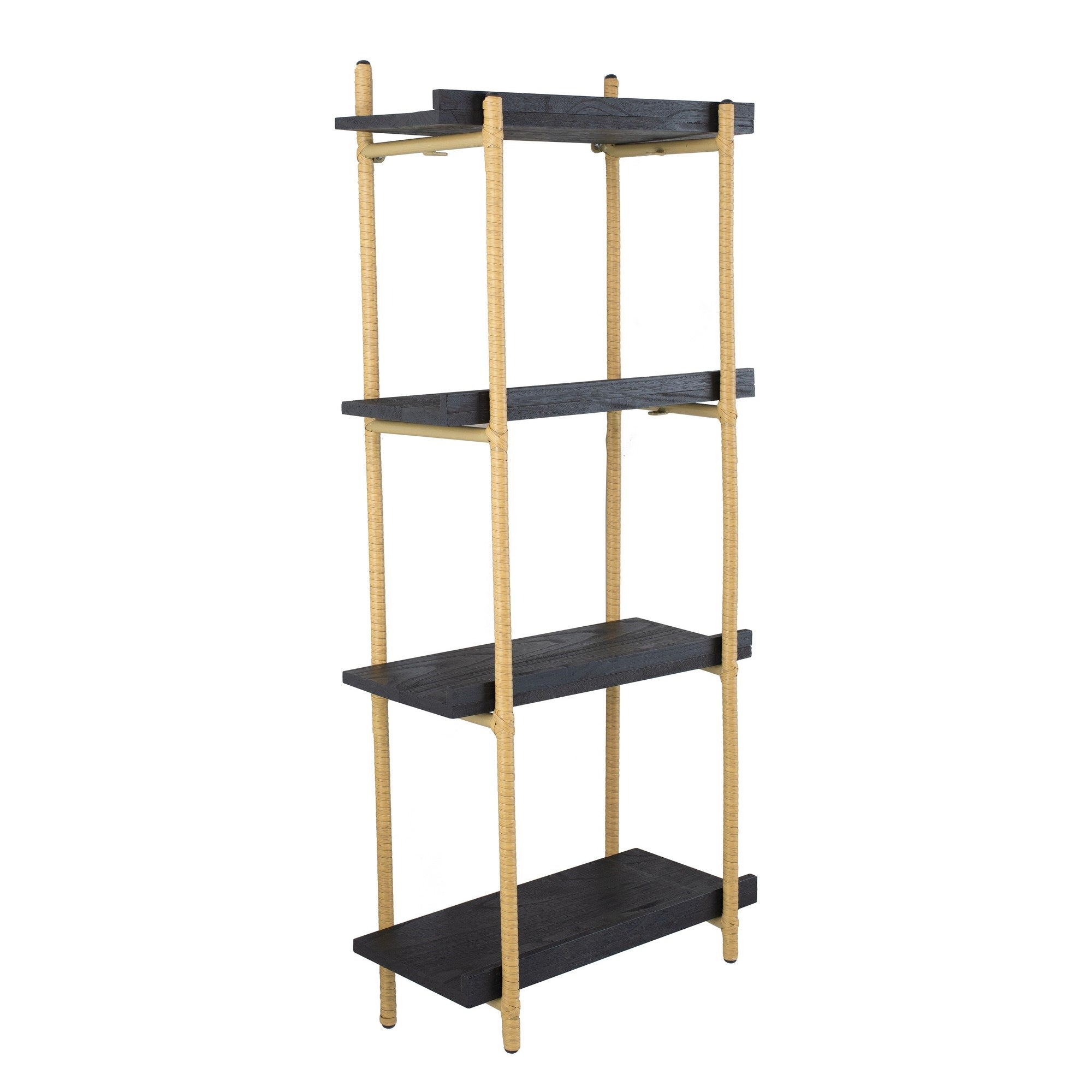 44 Inch Modern Wood Four Tier Shelf, Natural Rattan Braiding, Gold, Black
