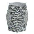 18 Inch Accent Table Stool, Hexagonal Design, Diamond Pattern, Blue, White