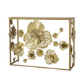39 Inch Mirrored Top Console Table, Elegant Floral Design, Iron, Matte Gold