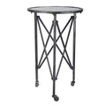 27 Inch Side Table, Round Metal Body, Glass Tabletop, 3 Wheels, Silver
