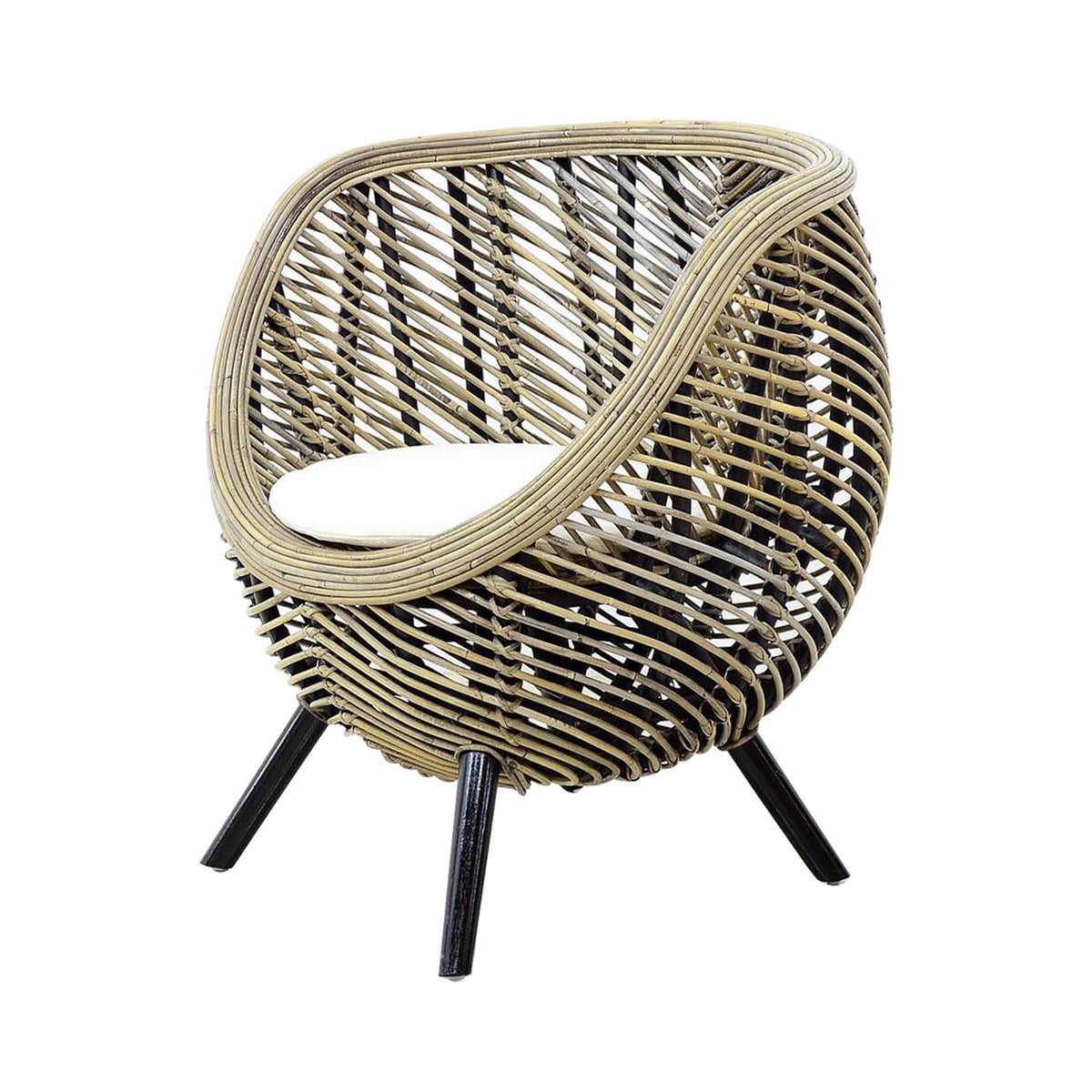 27 Inch Accent Chair, Rattan Frame, Curved Round Silhouette, Brown, Black