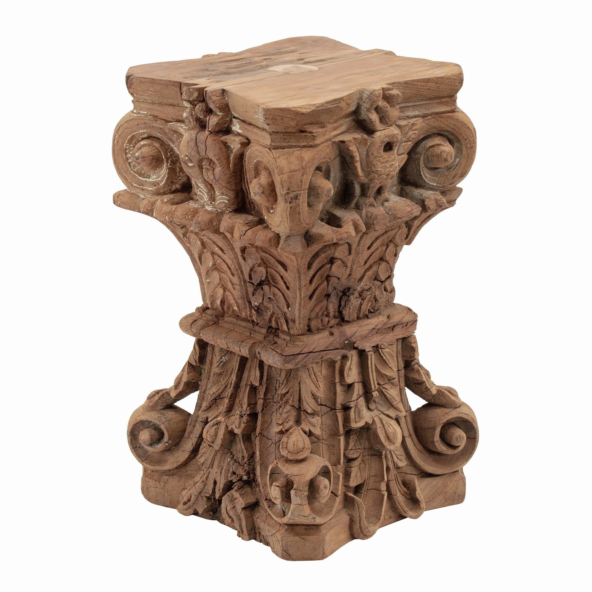 19 Inch Classic Stool Table, Carved Pillar Accent, Wood, Antique Brown