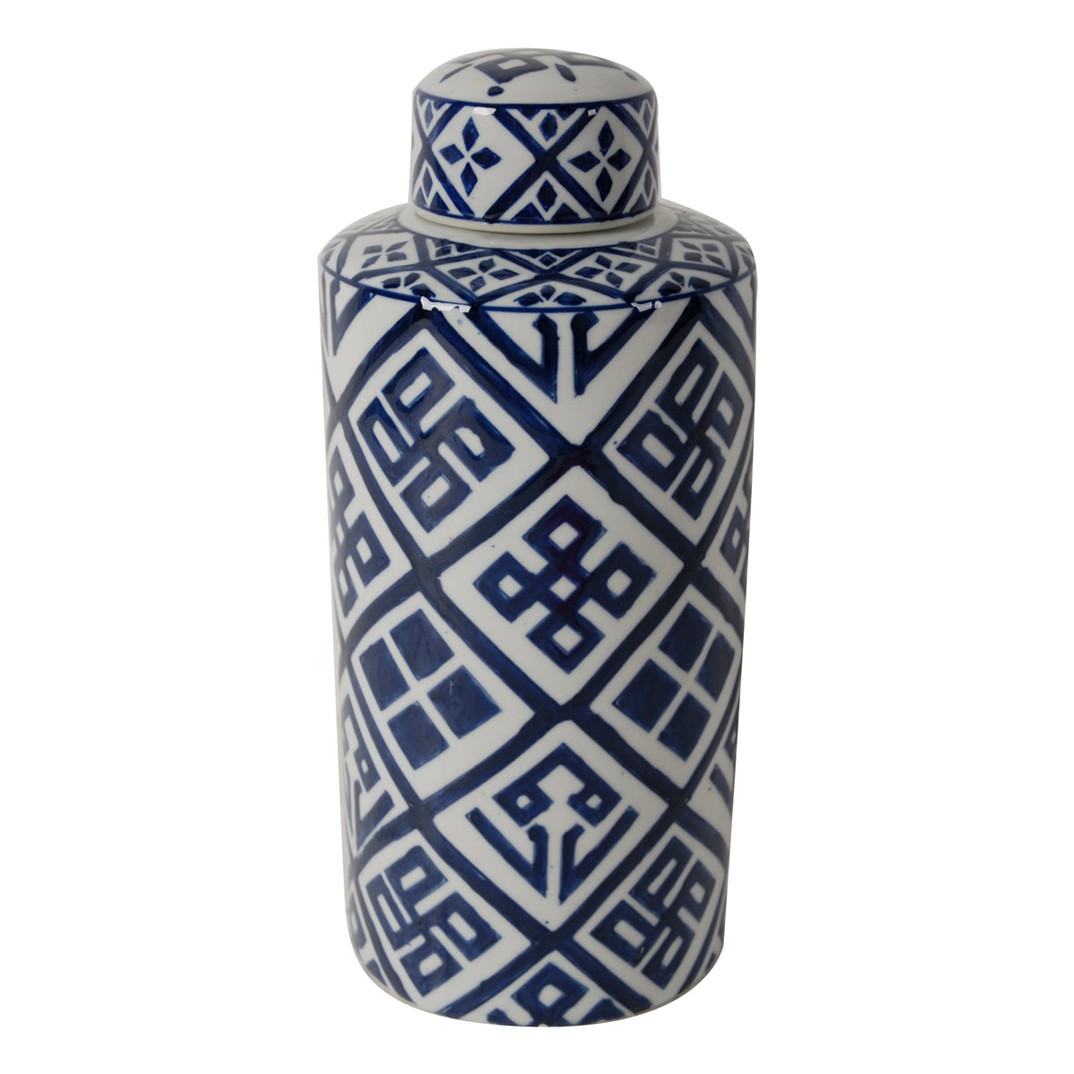 14 Inch Lidded Jar, Geometric Pattern, Cylindrical Blue And White Porcelain