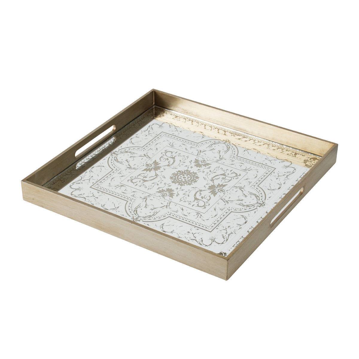 Miki 20 Inch Square Decorative Tray, Artisan Mirrored Floral Pattern, Gold