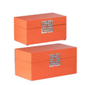Neo 14, 11 Inch Set Of 2 Decorative Boxes, Geometric Metal Accents, Orange