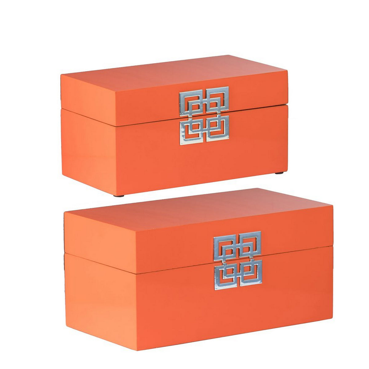Neo 14, 11 Inch Set Of 2 Decorative Boxes, Geometric Metal Accents, Orange