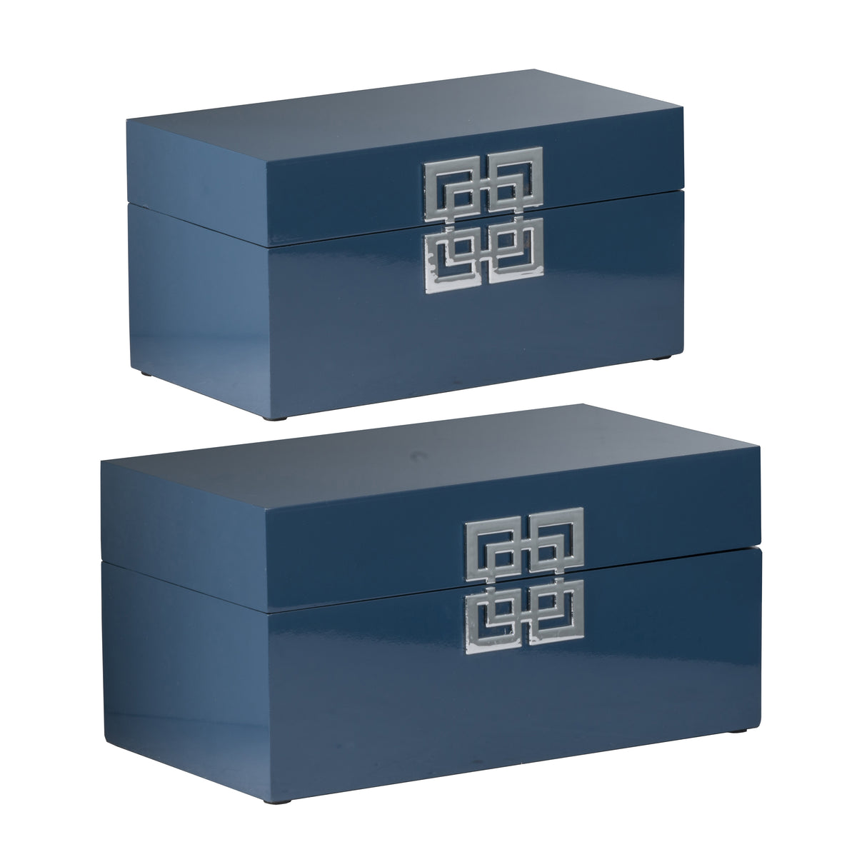 Neo 14, 11 Inch Set Of 2 Decorative Boxes, Geometric Metal Accents, Blue