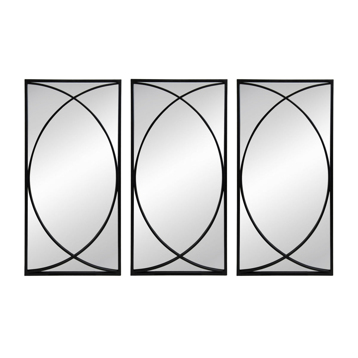 32 Inch 3 Piece Wall Mirror, Concentric Circles, Stylish Black Metal Frame