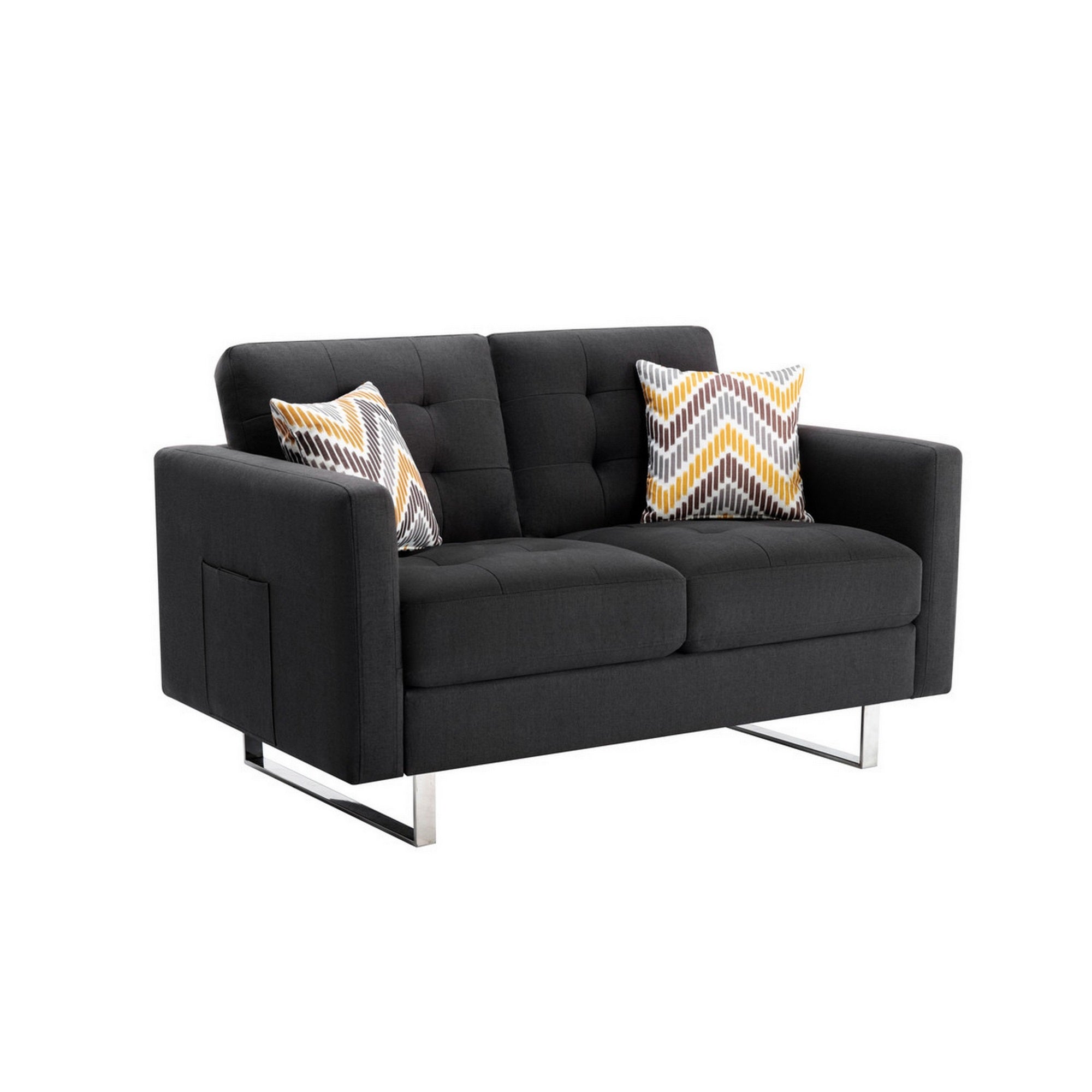 Caden 54 Inch Modern Loveseat with Side Pocket and 2 Pillows, Dark Gray