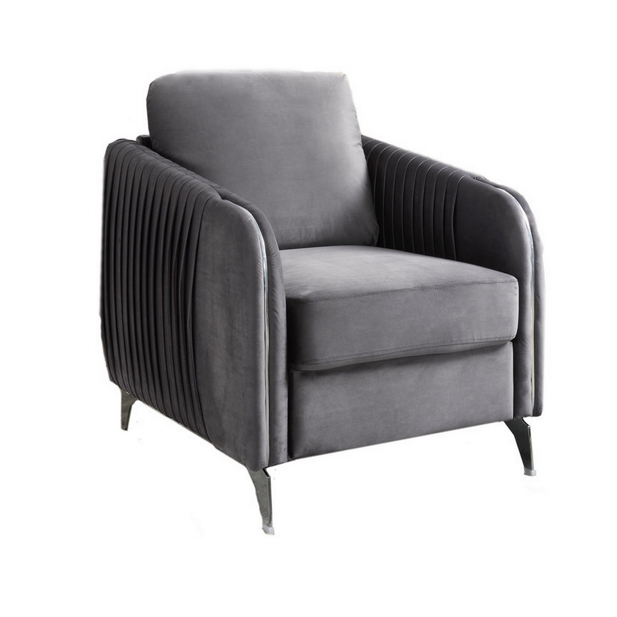 Leah 32 Inch Modern Accent Armchair, Vertical Quilted Design, Gray Velvet