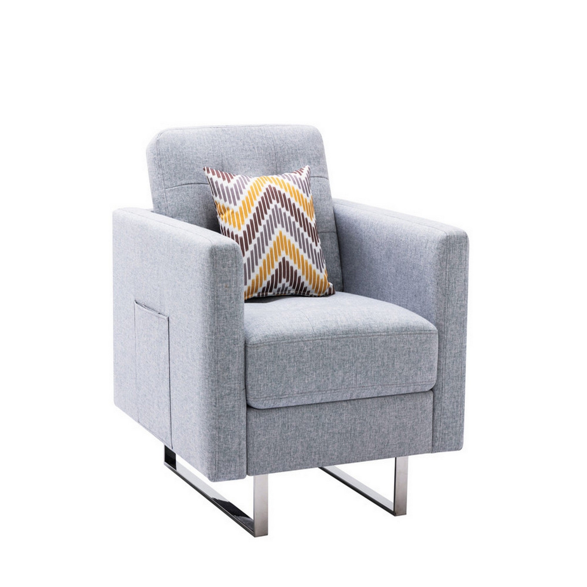 Lewa 34 inch Modern Accent Armchair, Silver Metal Legs, Tufted, Light Gray