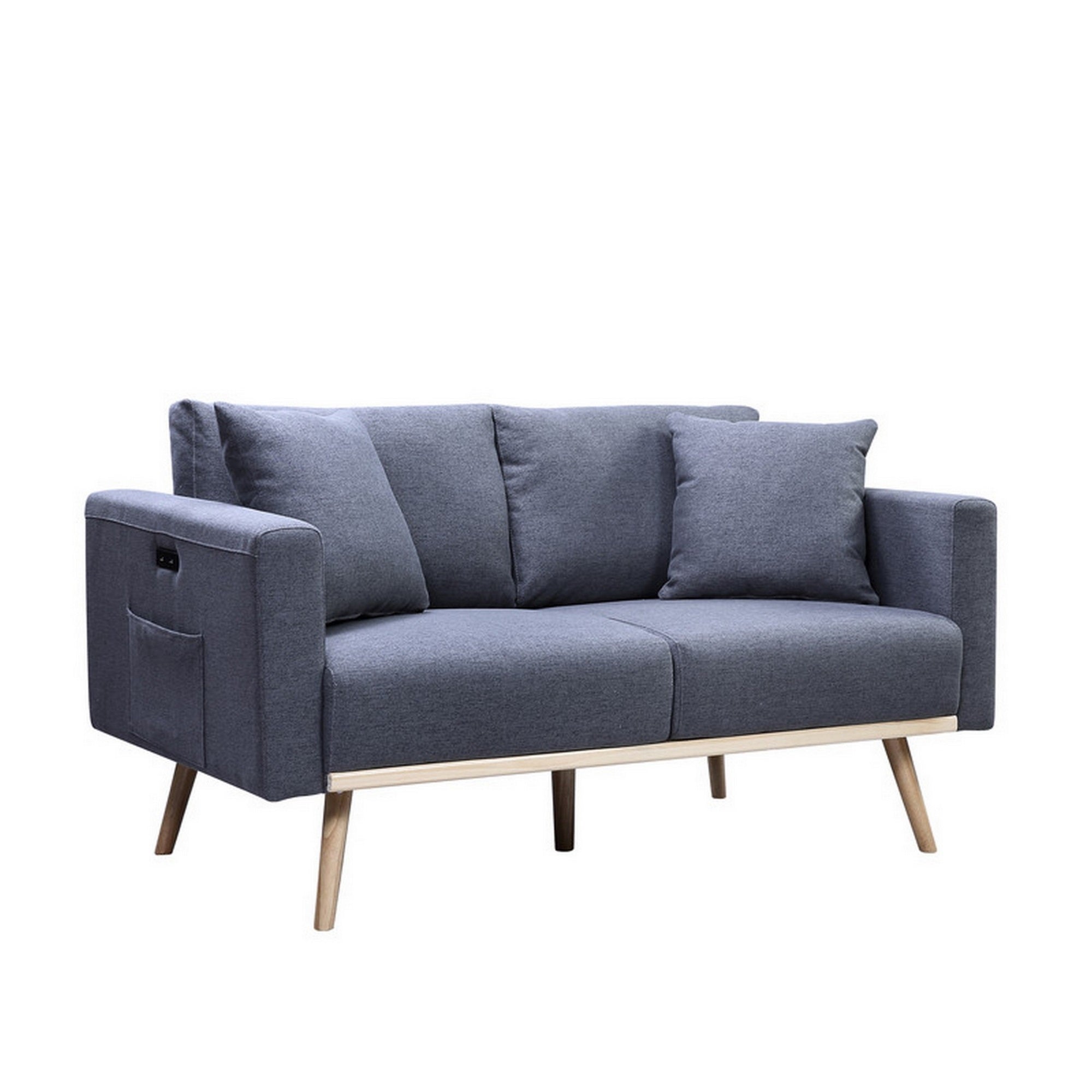 Mico 57 Inch Modern Loveseat, USB Ports and Side Pocket, Dark Gray Fabric