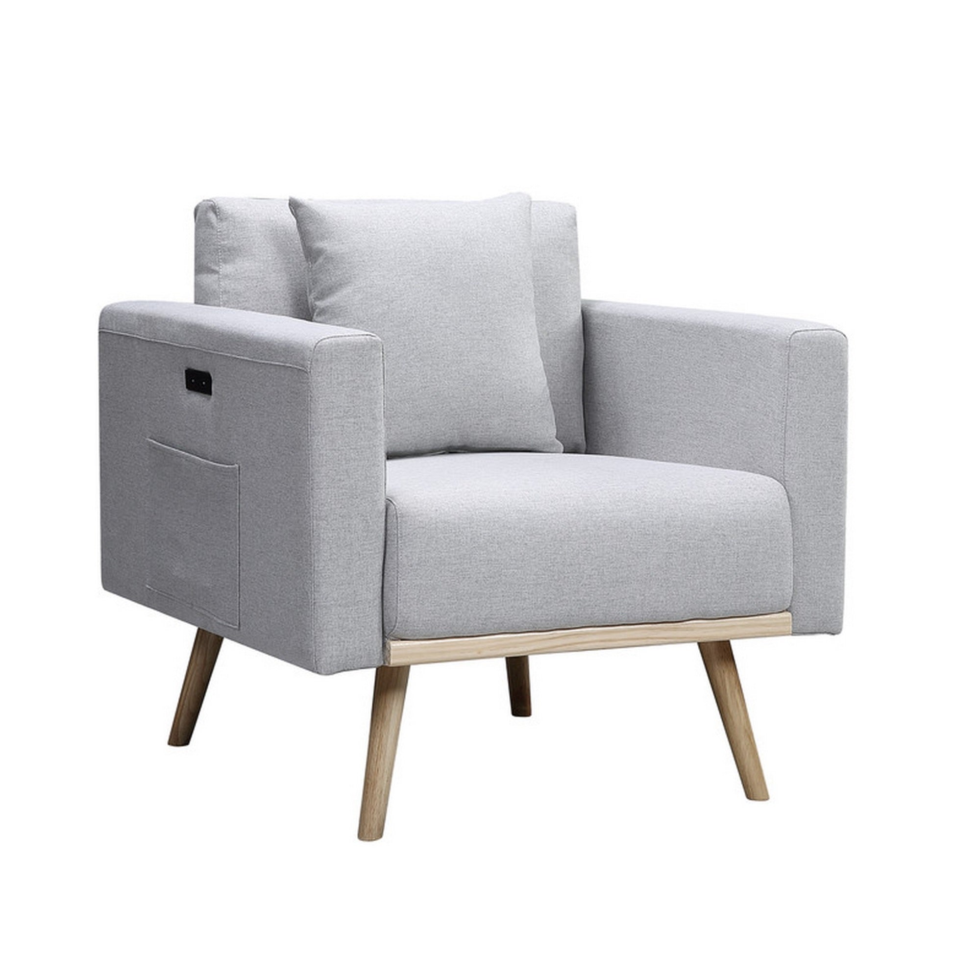 Mico 33 Inch Modern Sofa Chair with USB Ports and Pocket, Light Gray Fabric