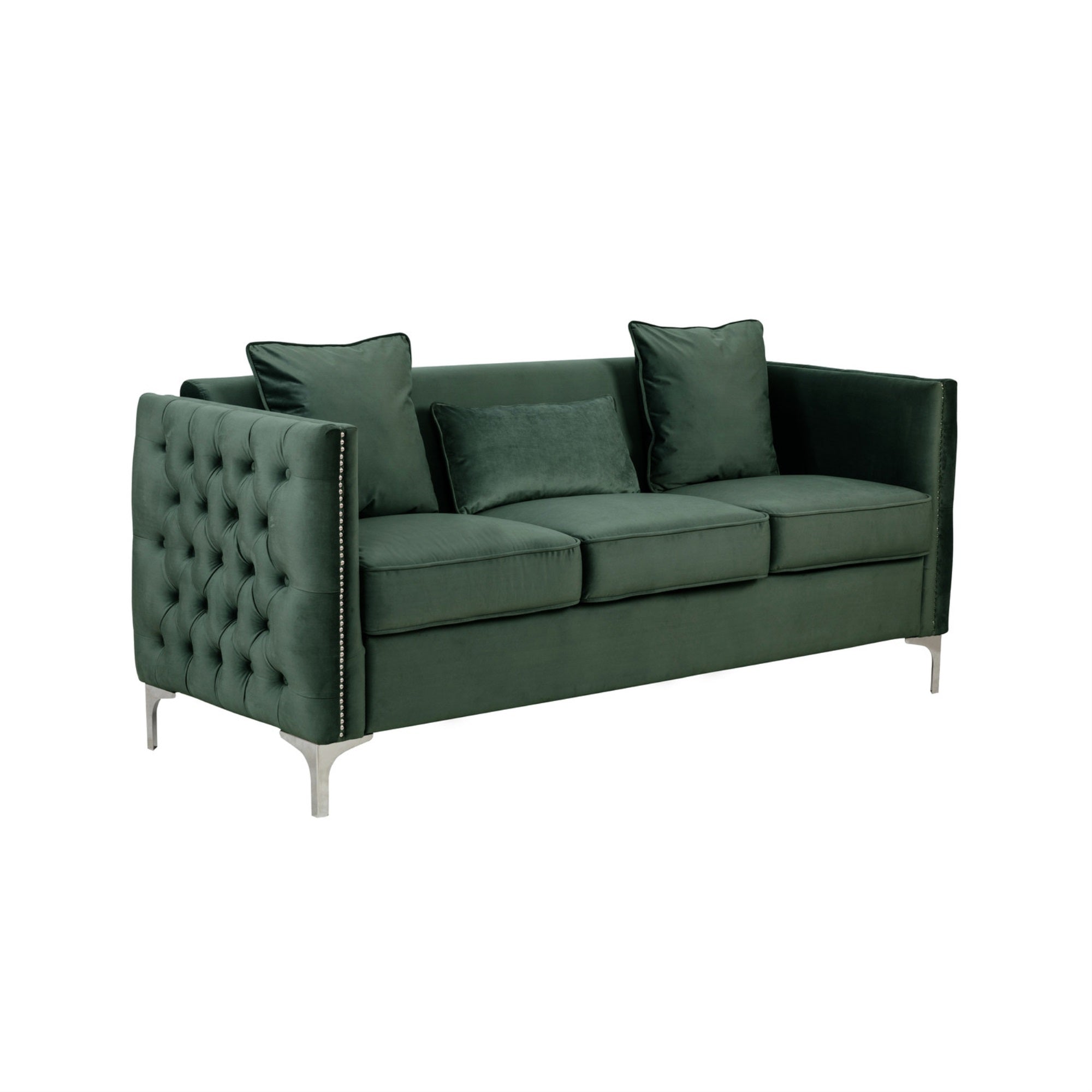 Zion 73 Inch Modern Accent Sofa, Deep Button Tufted Sides, Green Velvet