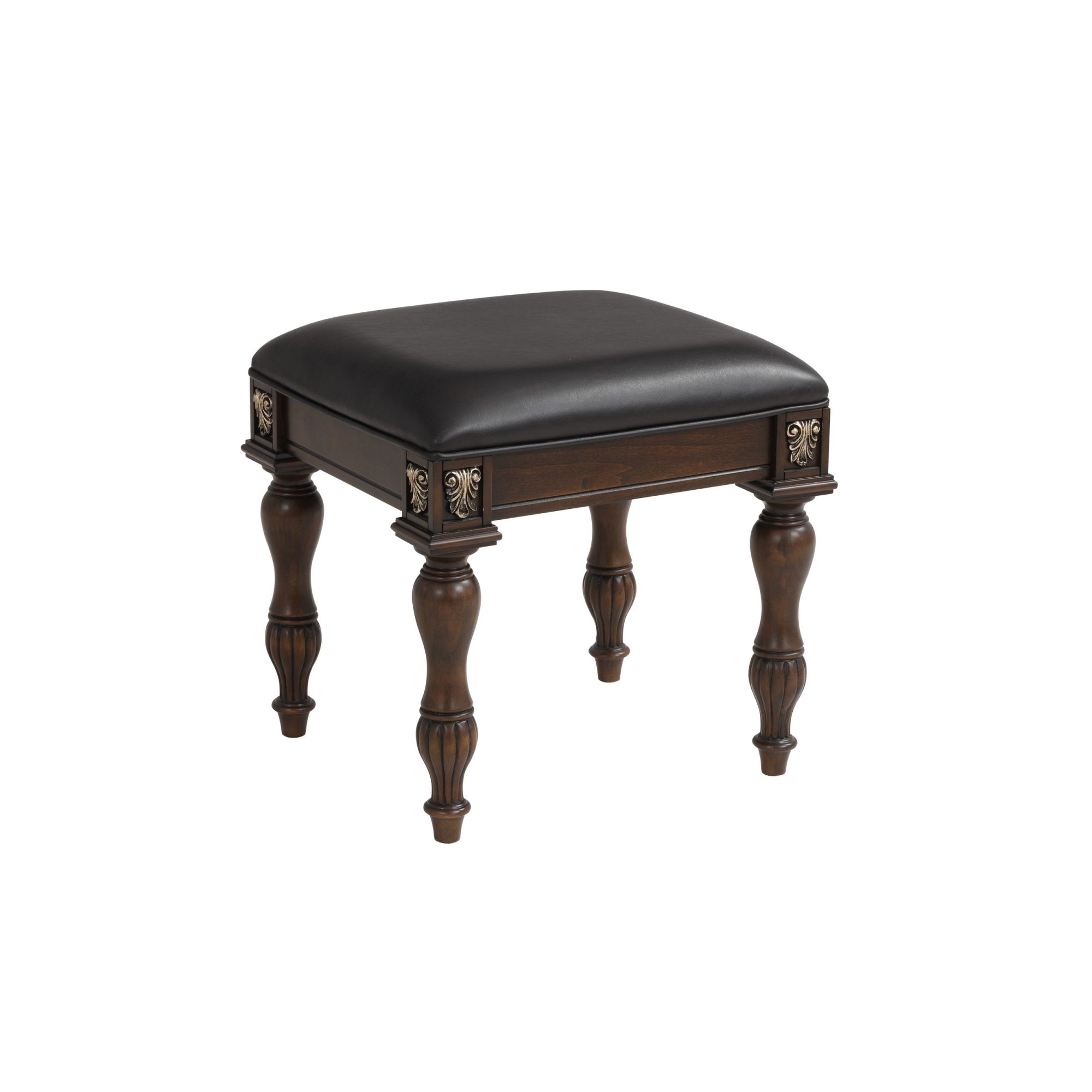 Mady 19 Inch Upholstered Vanity Stool, Ornate Trim, Deep Espresso Brown