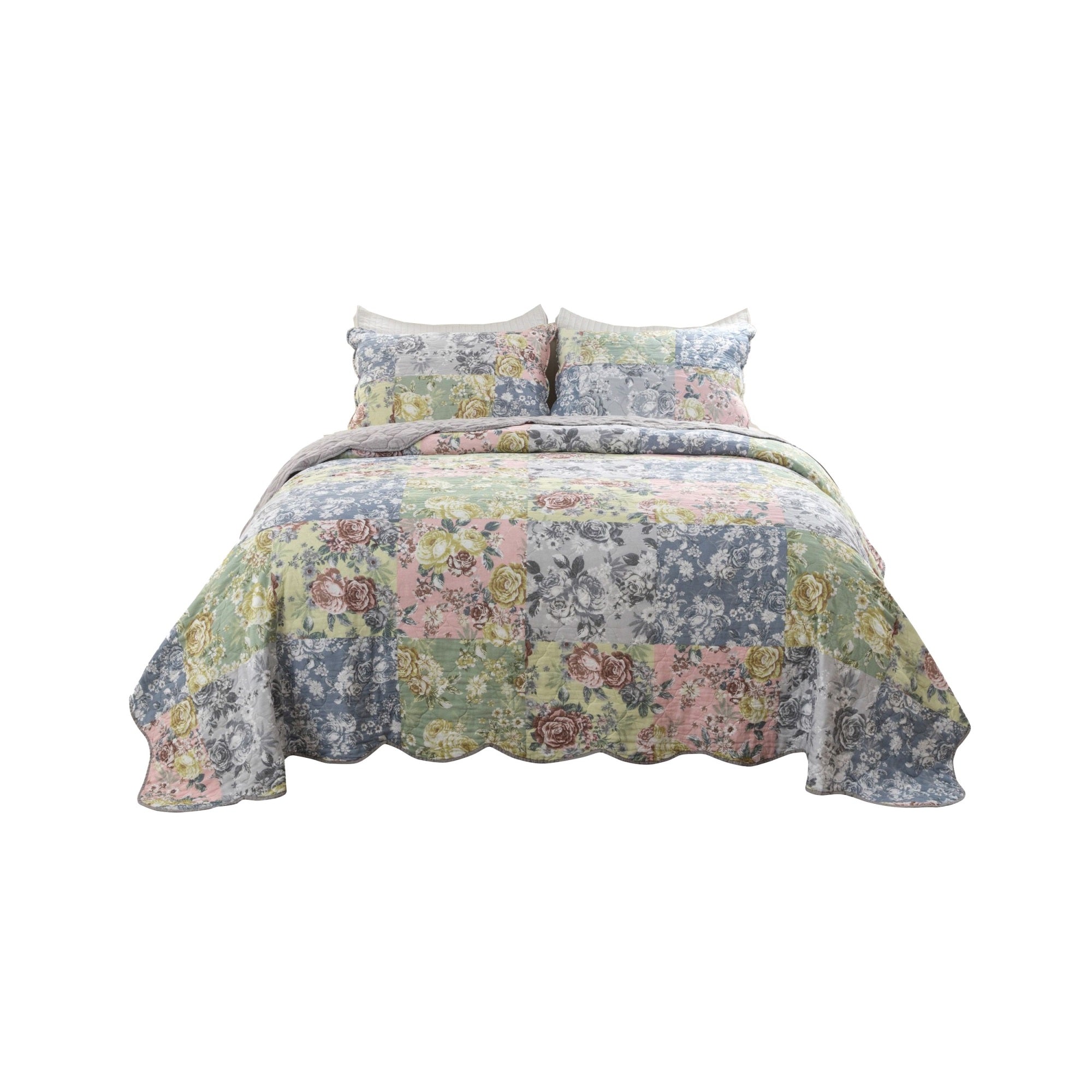 Eni 3 Piece California King Cotton Quilt Set, Pastel Blue Flower Design